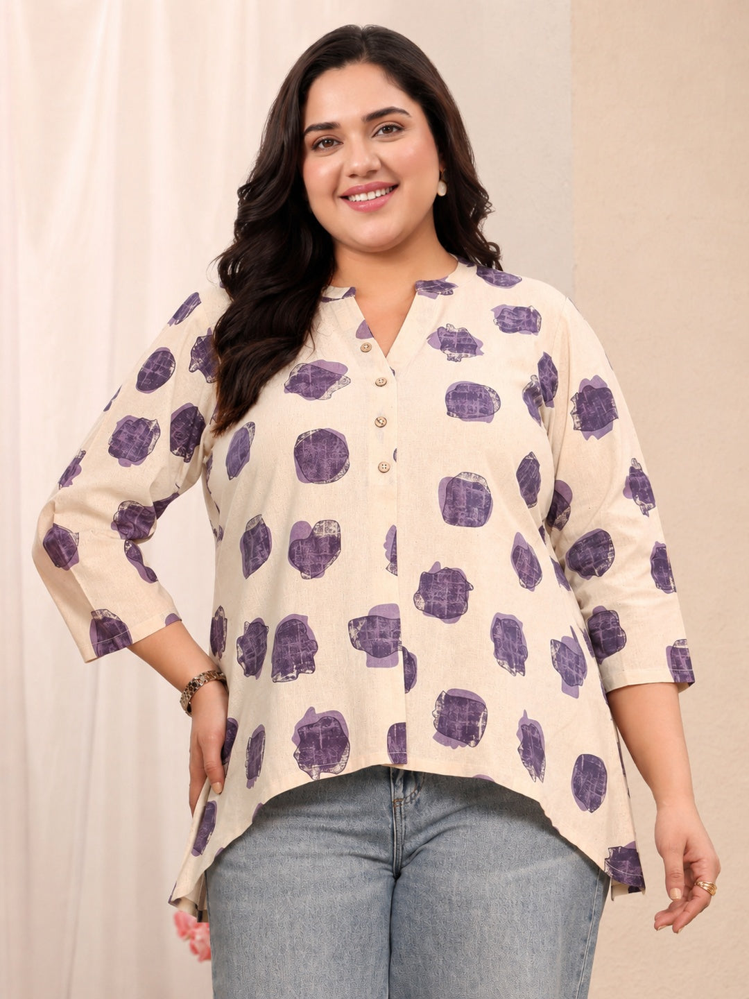 libas Plus Size Off White Geometric Printed Cotton Shirt-picture-28