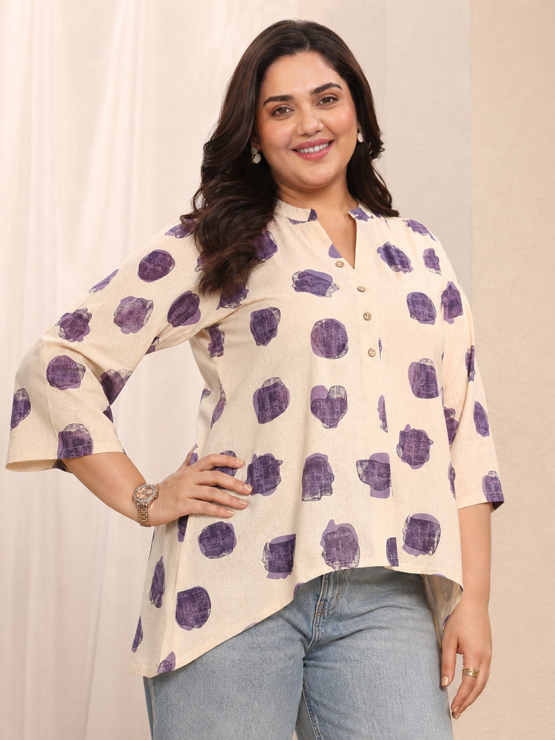  Plus Size Off White Geometric Printed Cotton Shirt 
