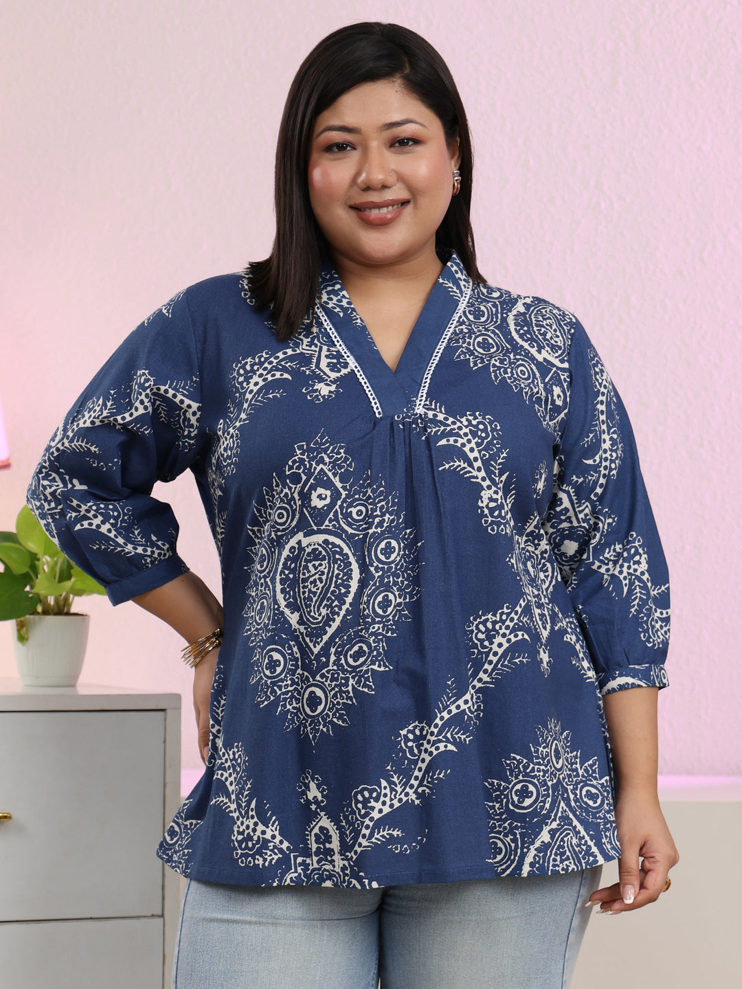  Plus Size Blue Ethnic Printed Cotton Straight Short Kurti 