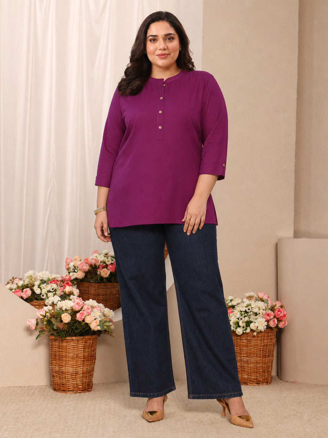  Plus Size Burgundy Solid Solid Cotton Straight Short Kurti 