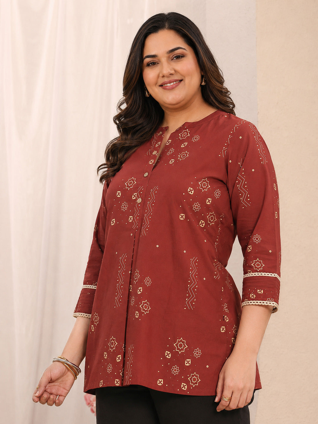  Plus Size Rust Ethnic Printed Cotton Straight Short Kurti 