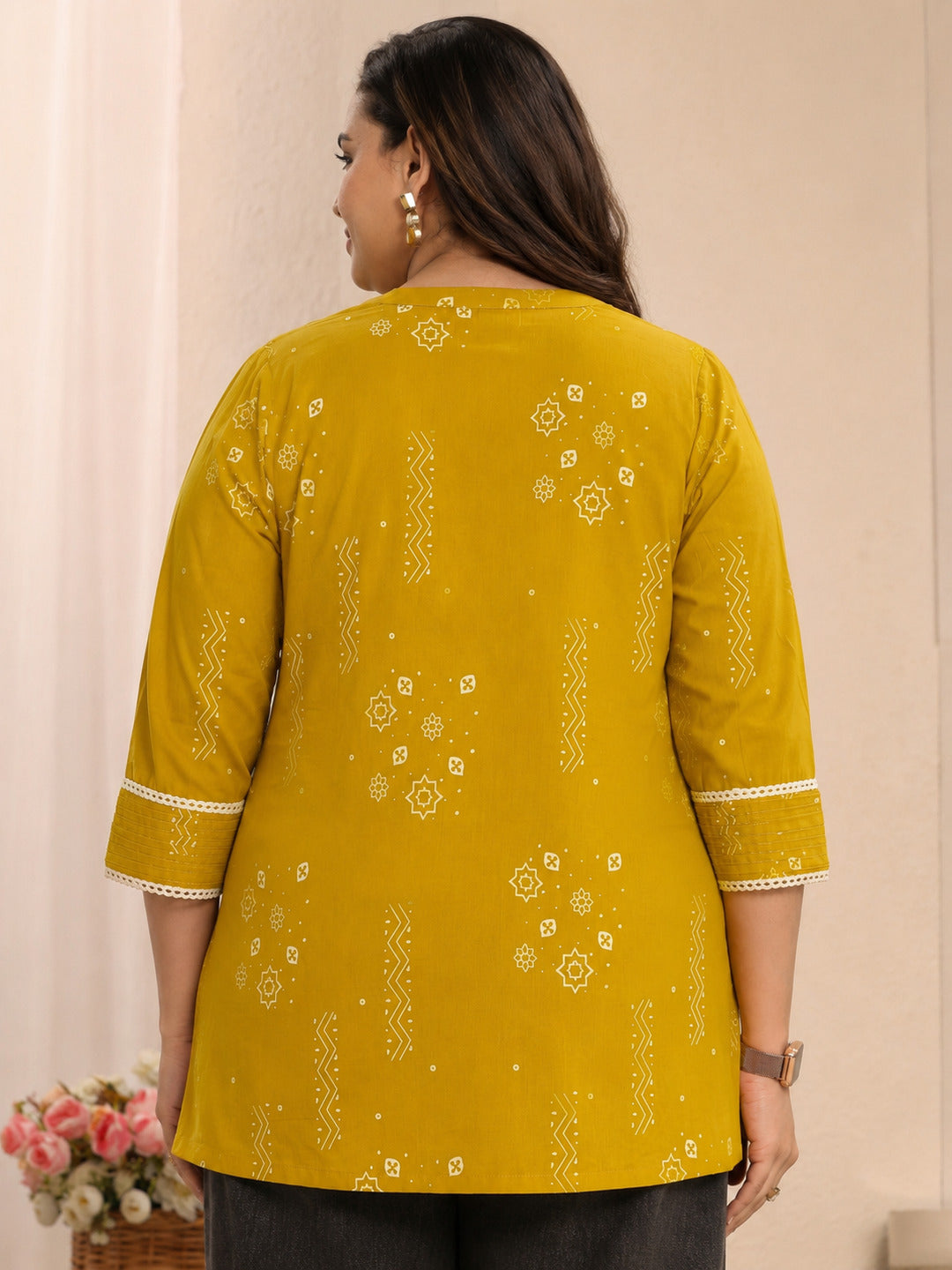  Plus Size Mustard Ethnic Printed Cotton Straight Short Kurti 