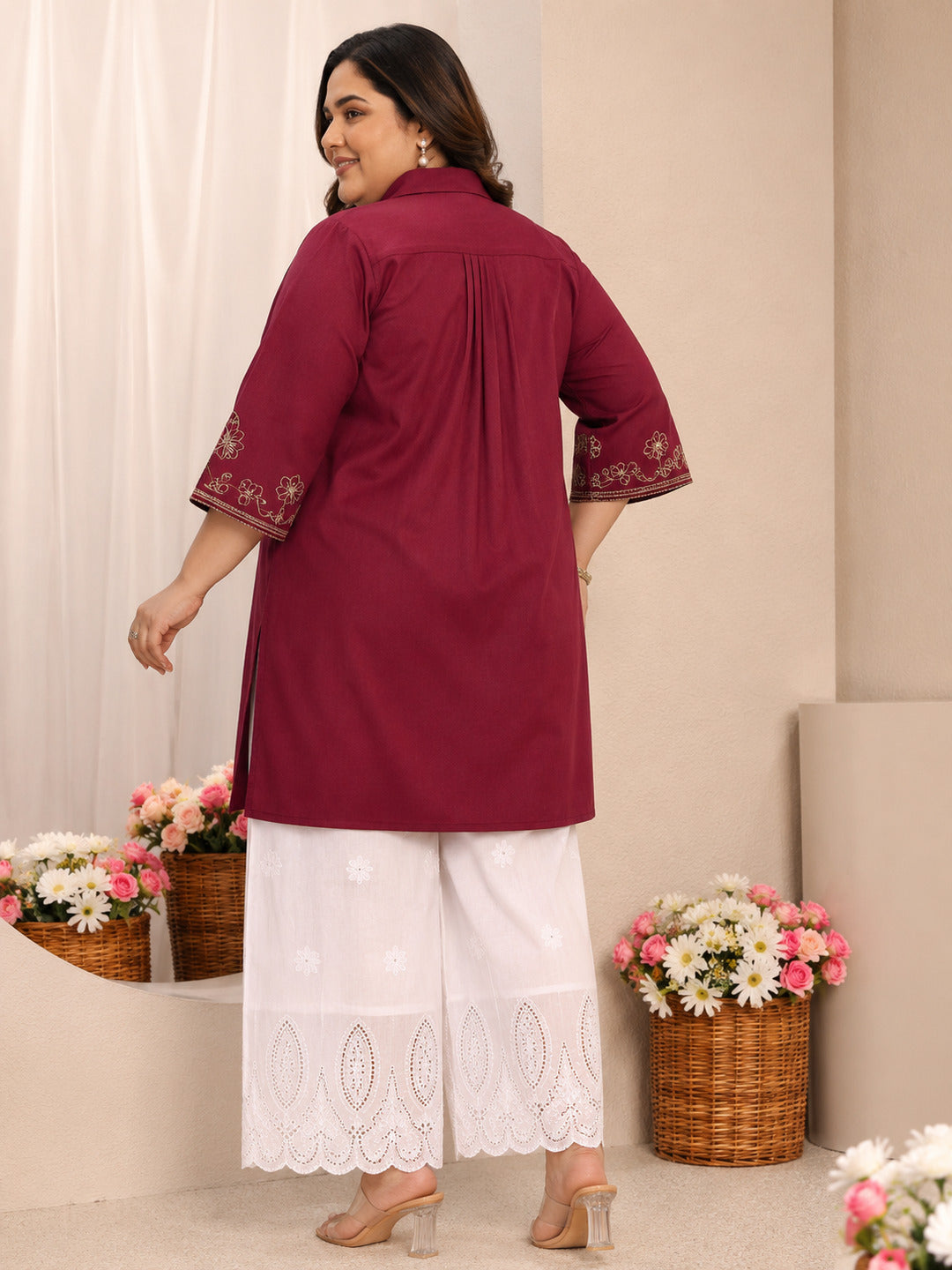  Plus Size Rust Floral Embroidered Cotton Straight Short Kurti 