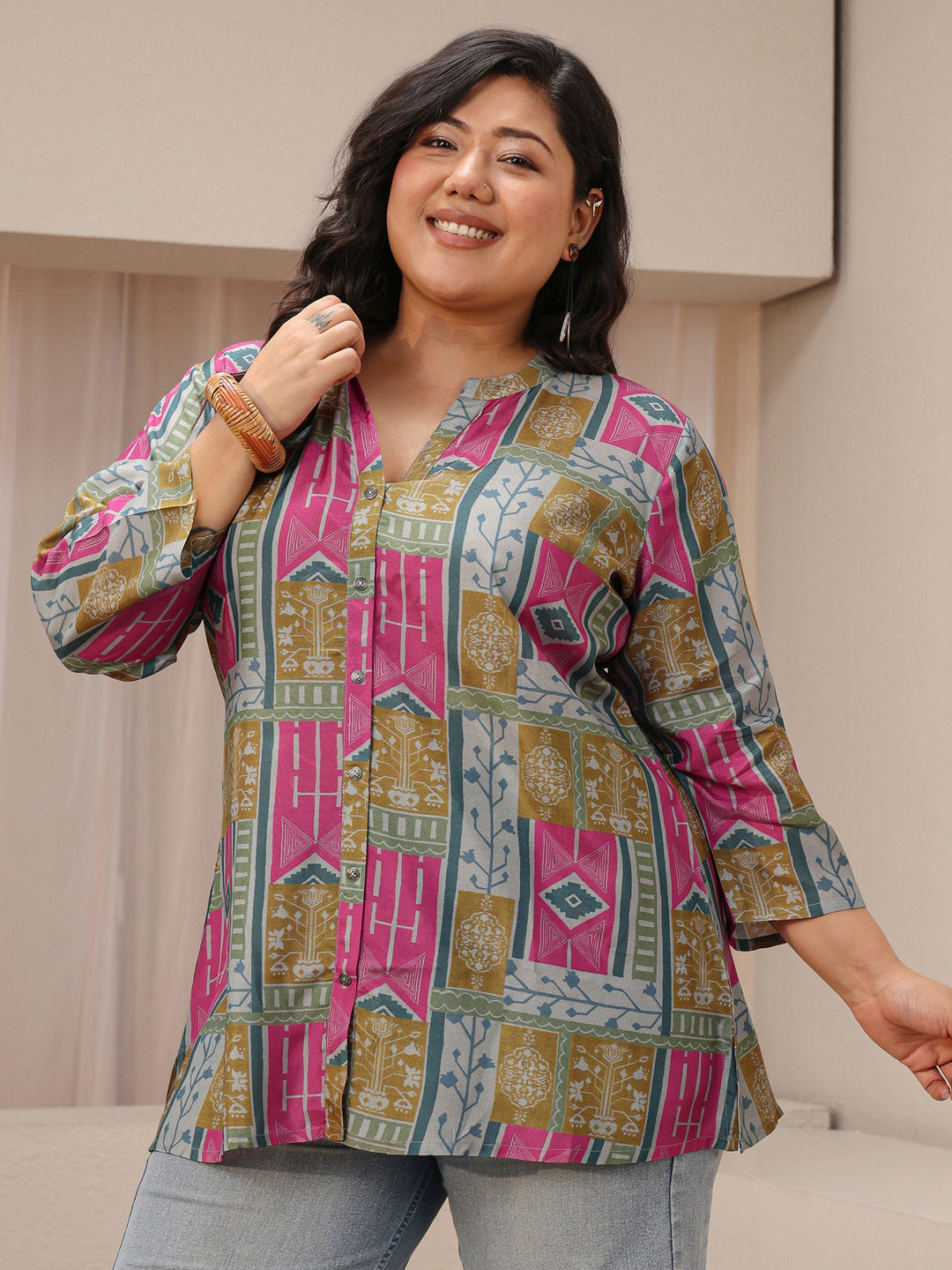  Plus Size Multicolour Ethnic Printed Silk blend Shirt 