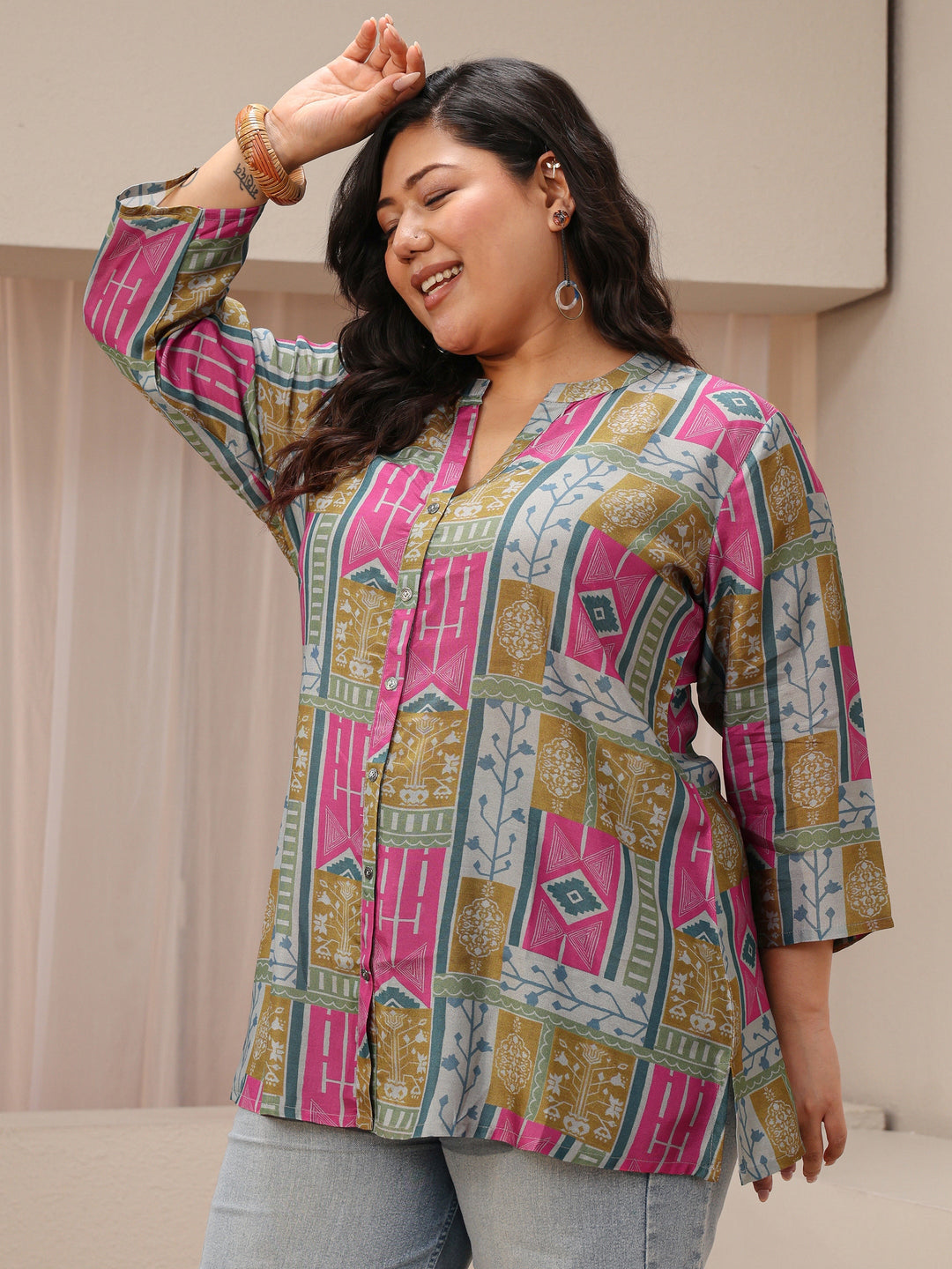  Plus Size Multicolour Ethnic Printed Silk blend Shirt 