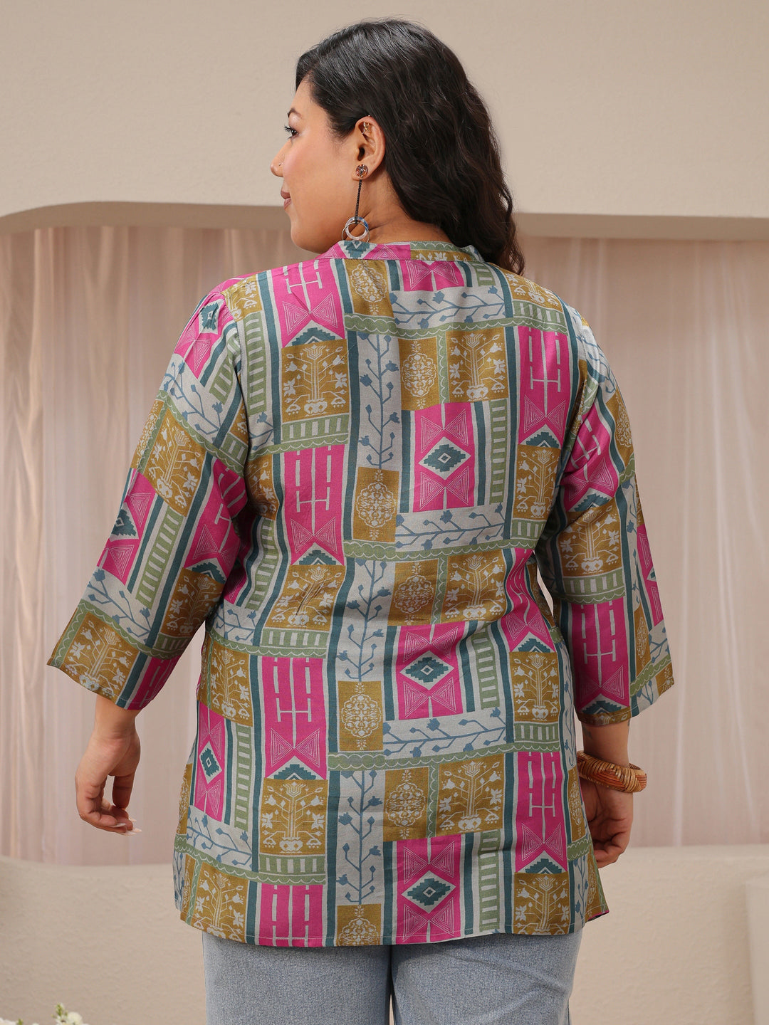  Plus Size Multicolour Ethnic Printed Silk blend Shirt 
