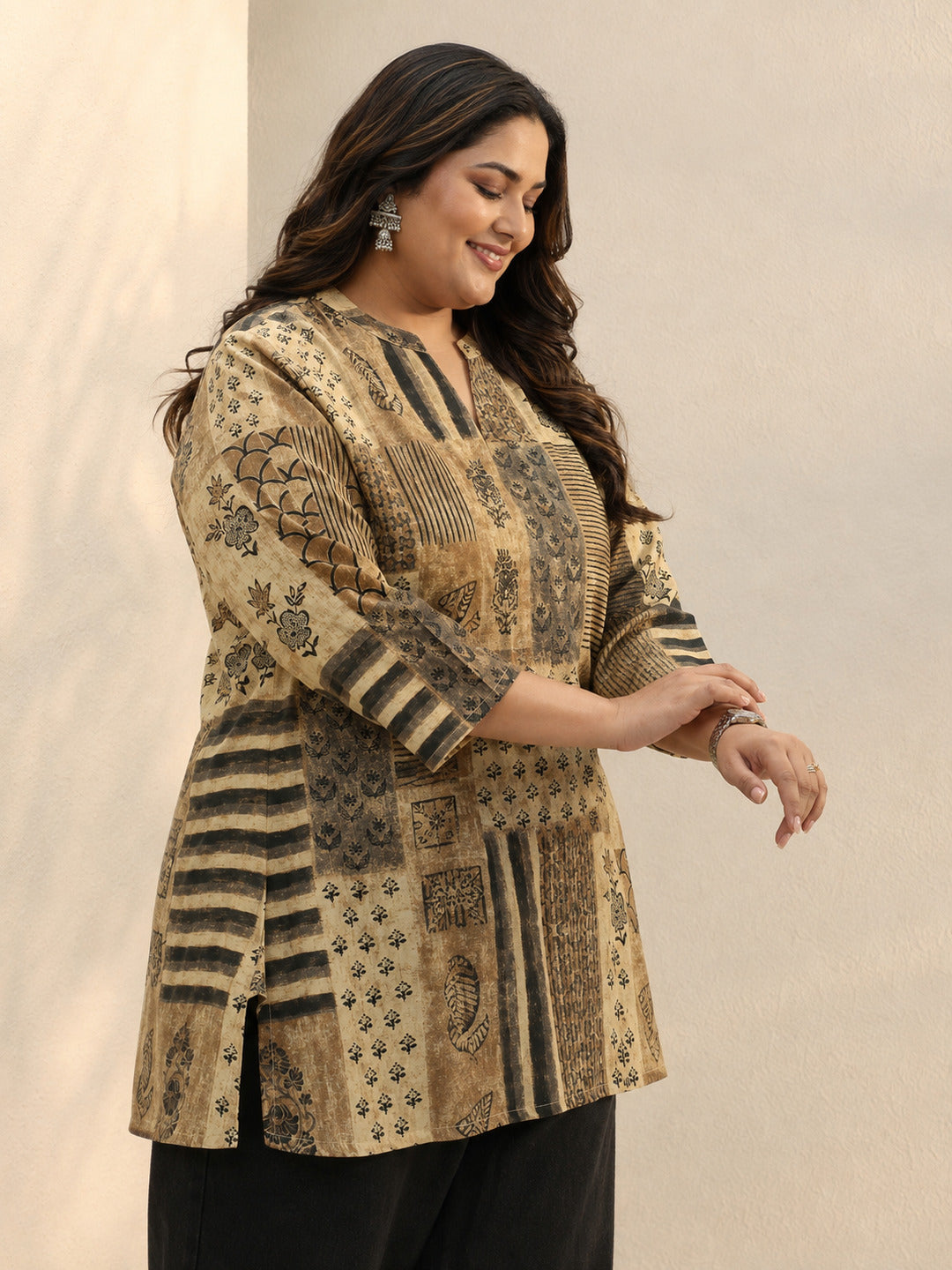  Plus Size Beige Multi Printed Silk Blend Straight Short Kurti 
