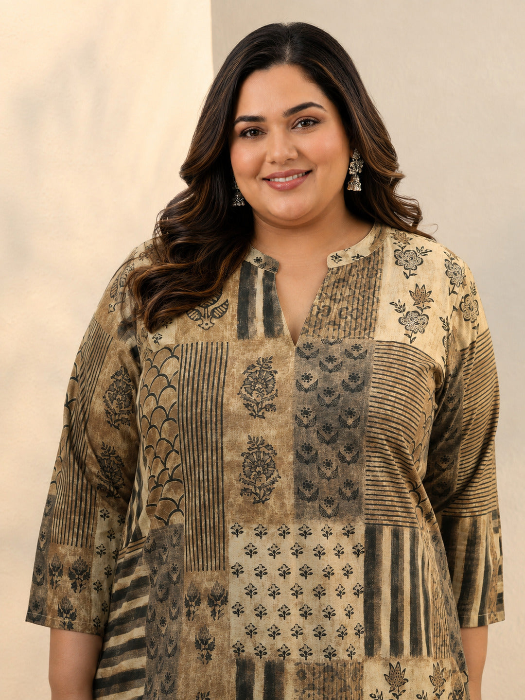  Plus Size Beige Multi Printed Silk Blend Straight Short Kurti 