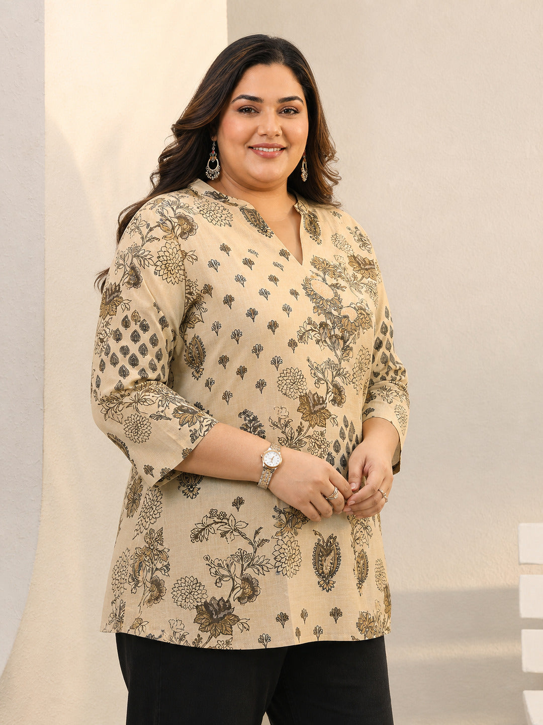  Plus Size Beige Ethnic Printed Silk Blend Straight Short Kurti 