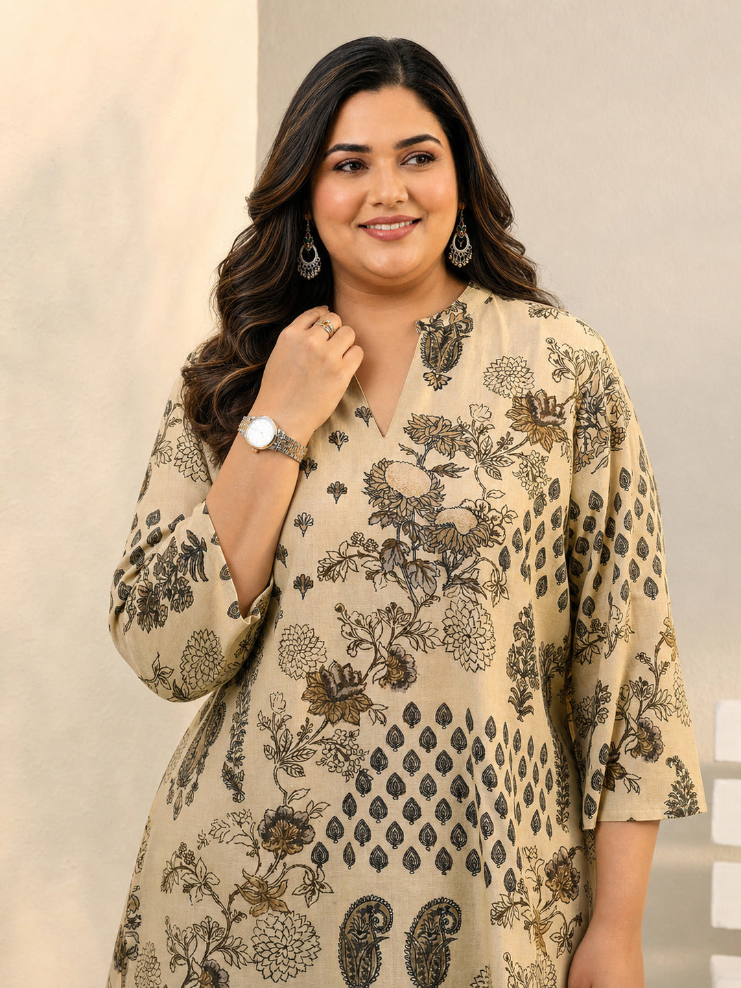  Plus Size Beige Ethnic Printed Silk Blend Straight Short Kurti 