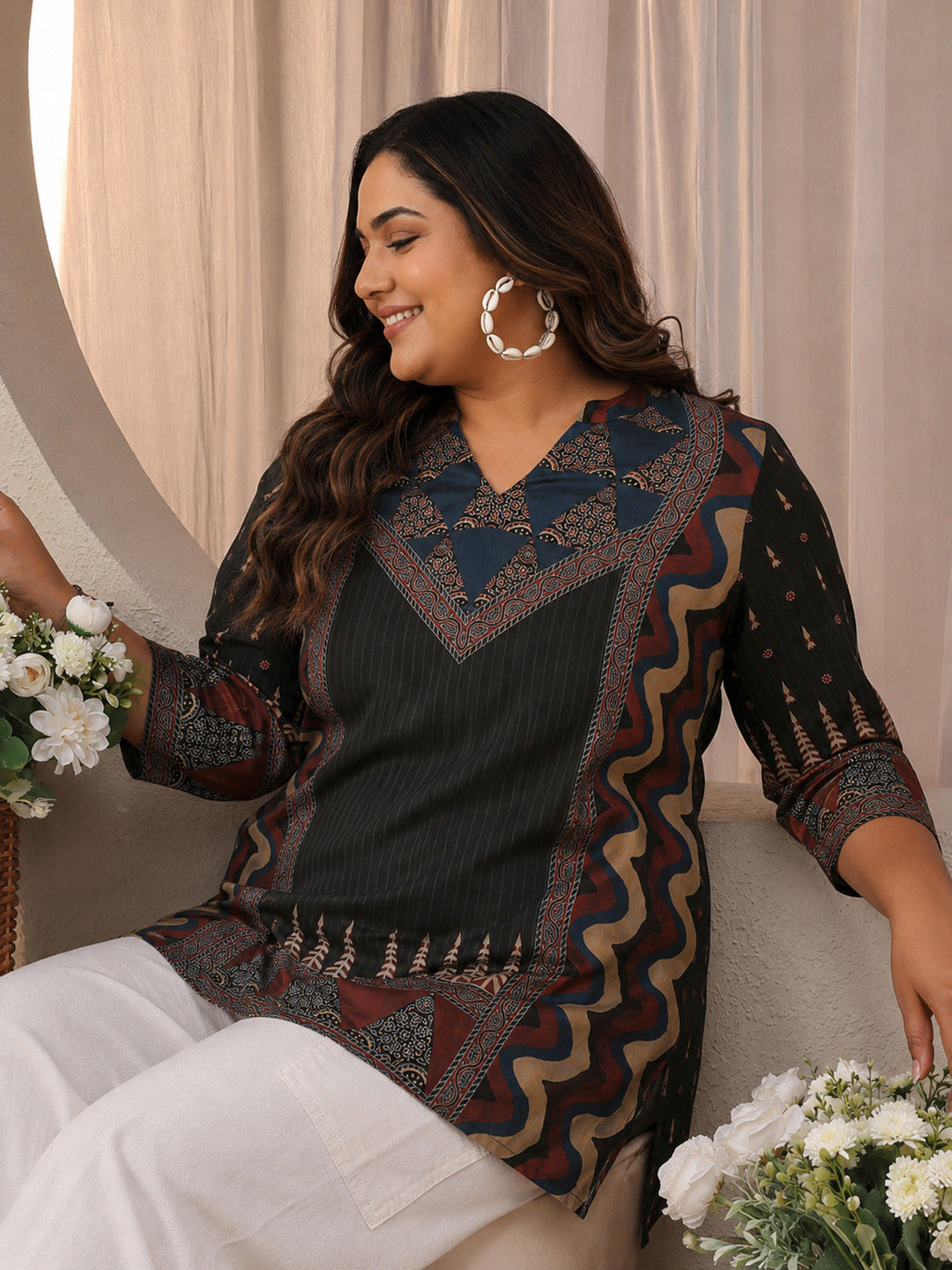  Plus Size Grey Multi Printed Silk Blend Straight Short Kurti 