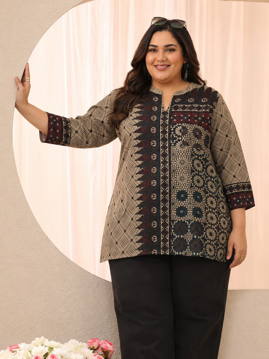  Plus Size Off White Ethnic Printed Silk Blend Straight Short Kurti 