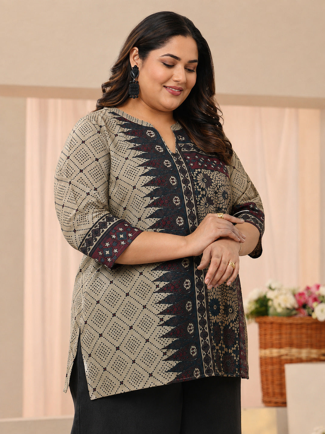  Plus Size Off White Ethnic Printed Silk Blend Straight Short Kurti 