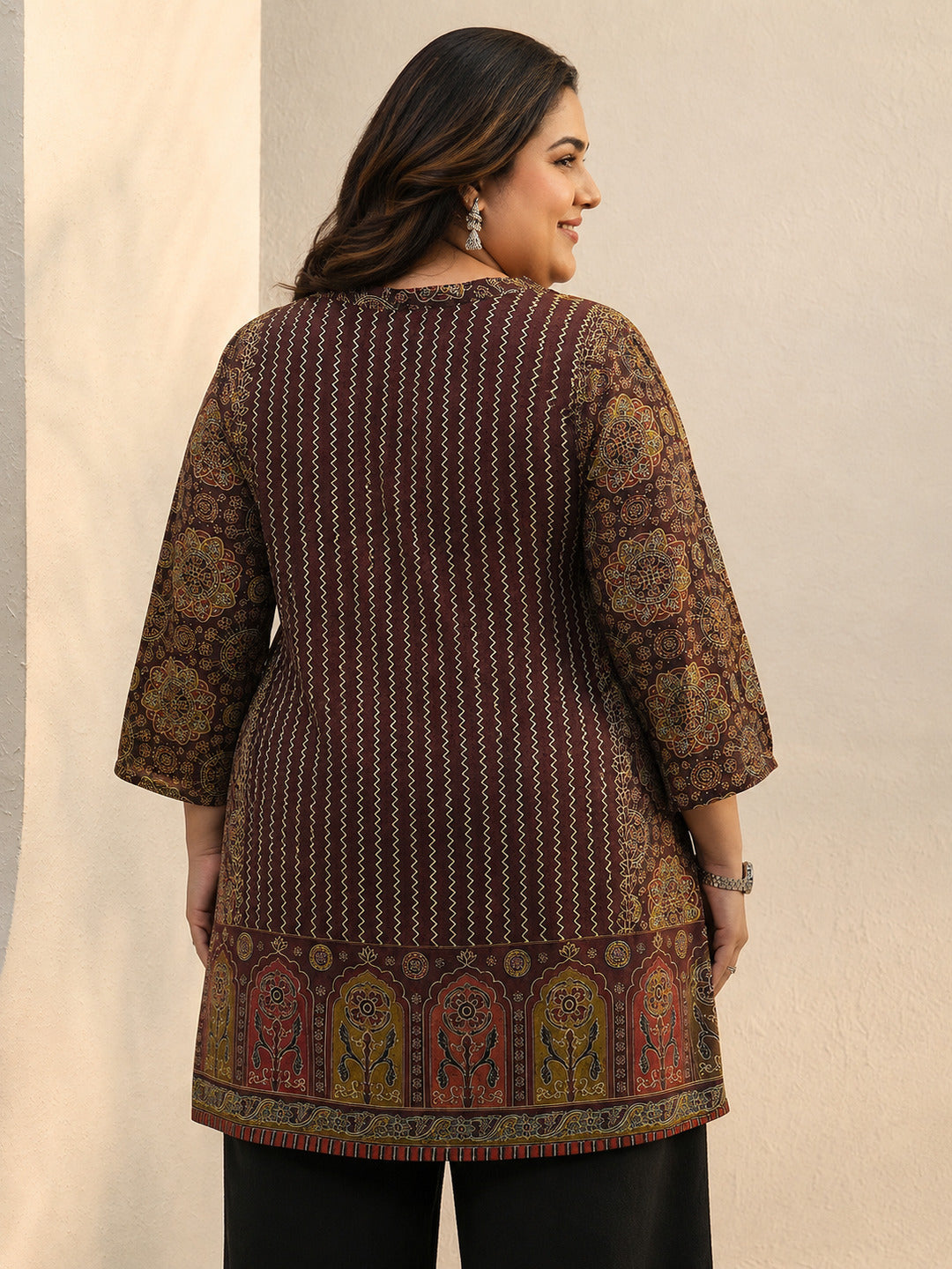  Plus Size Burgundy Ethnic Printed Silk Blend Straight Short Kurti 