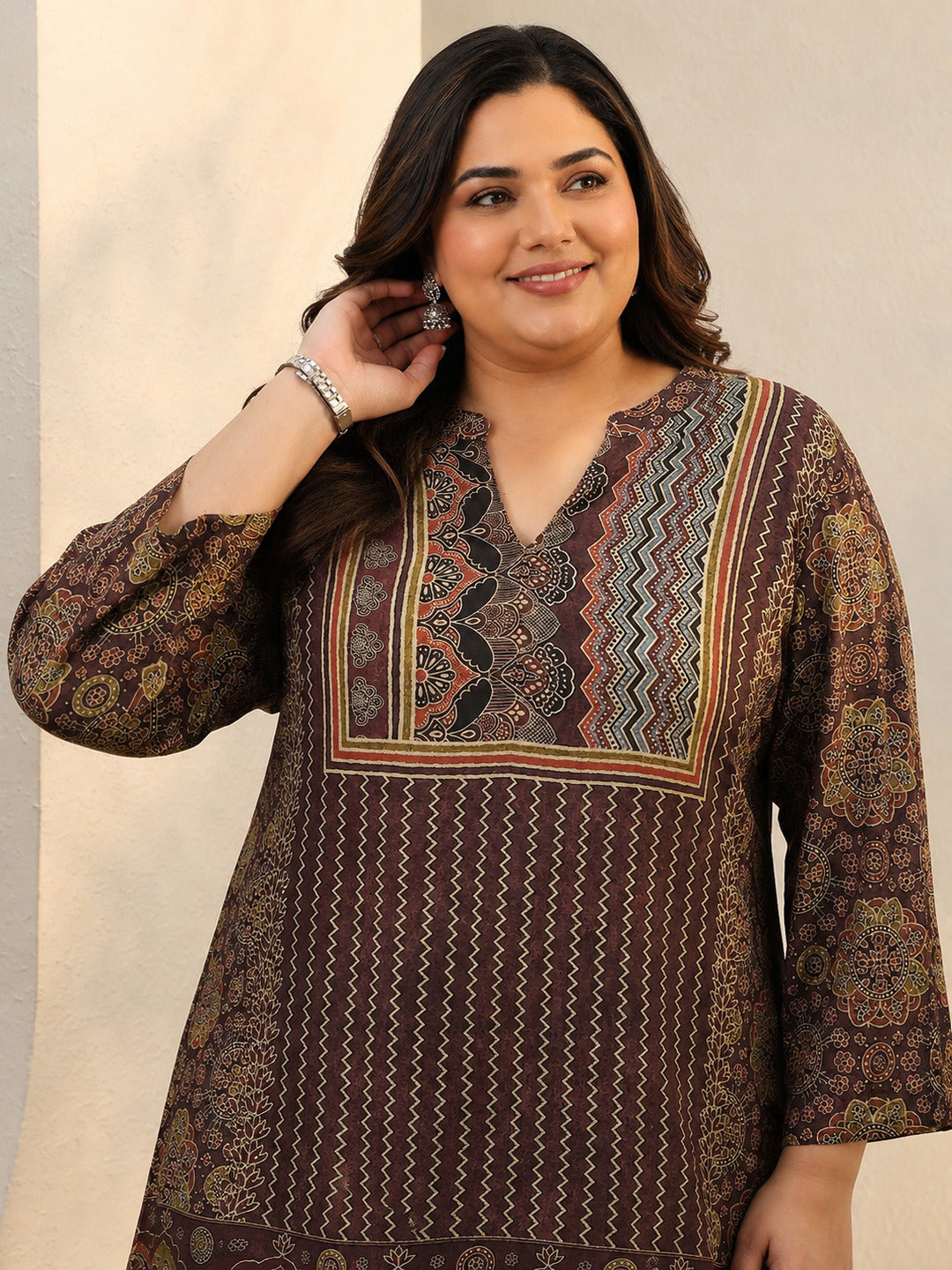  Plus Size Burgundy Ethnic Printed Silk Blend Straight Short Kurti 