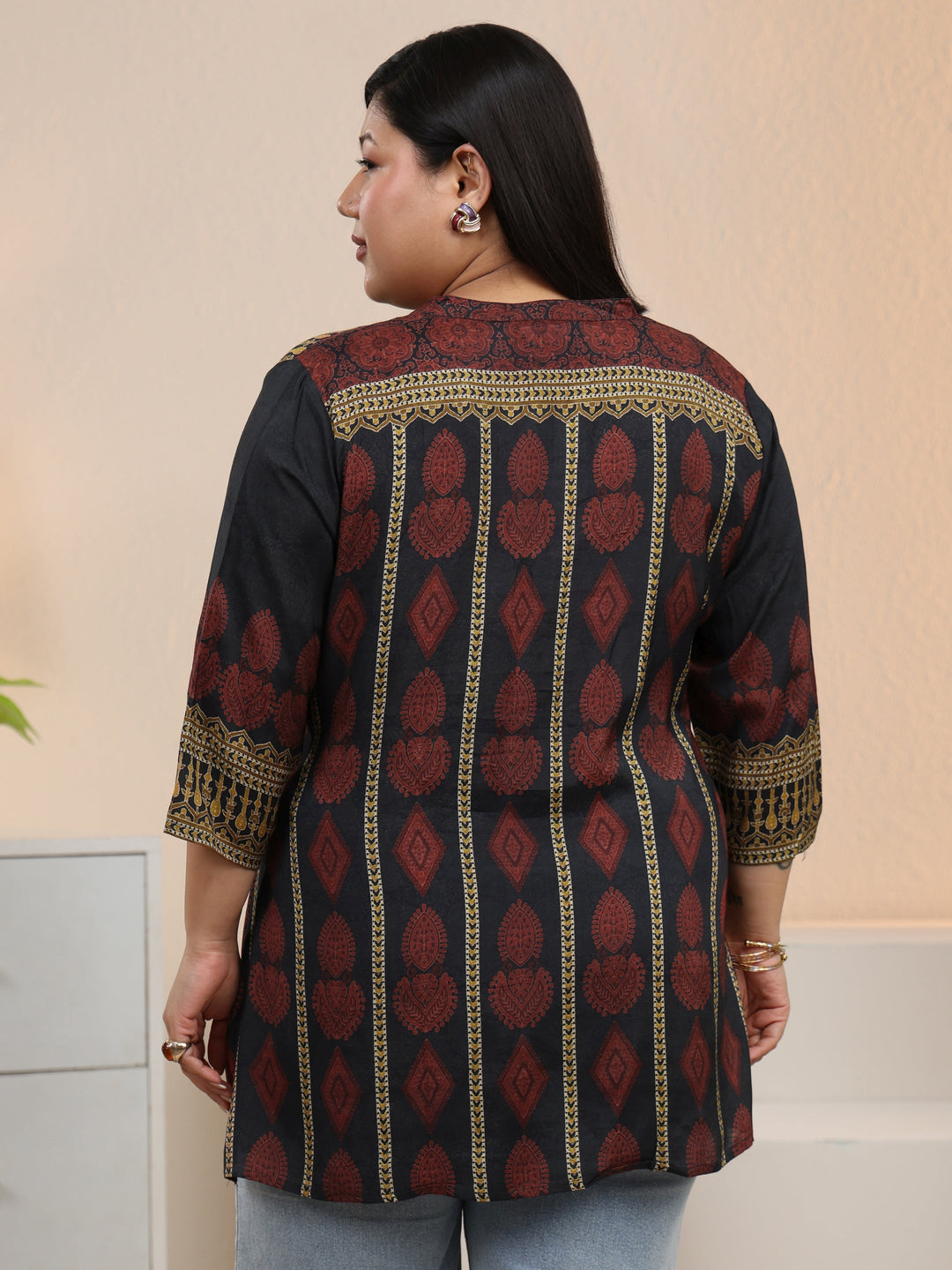  Plus Size Black Ethnic Printed Silk Blend Straight Short Kurti 