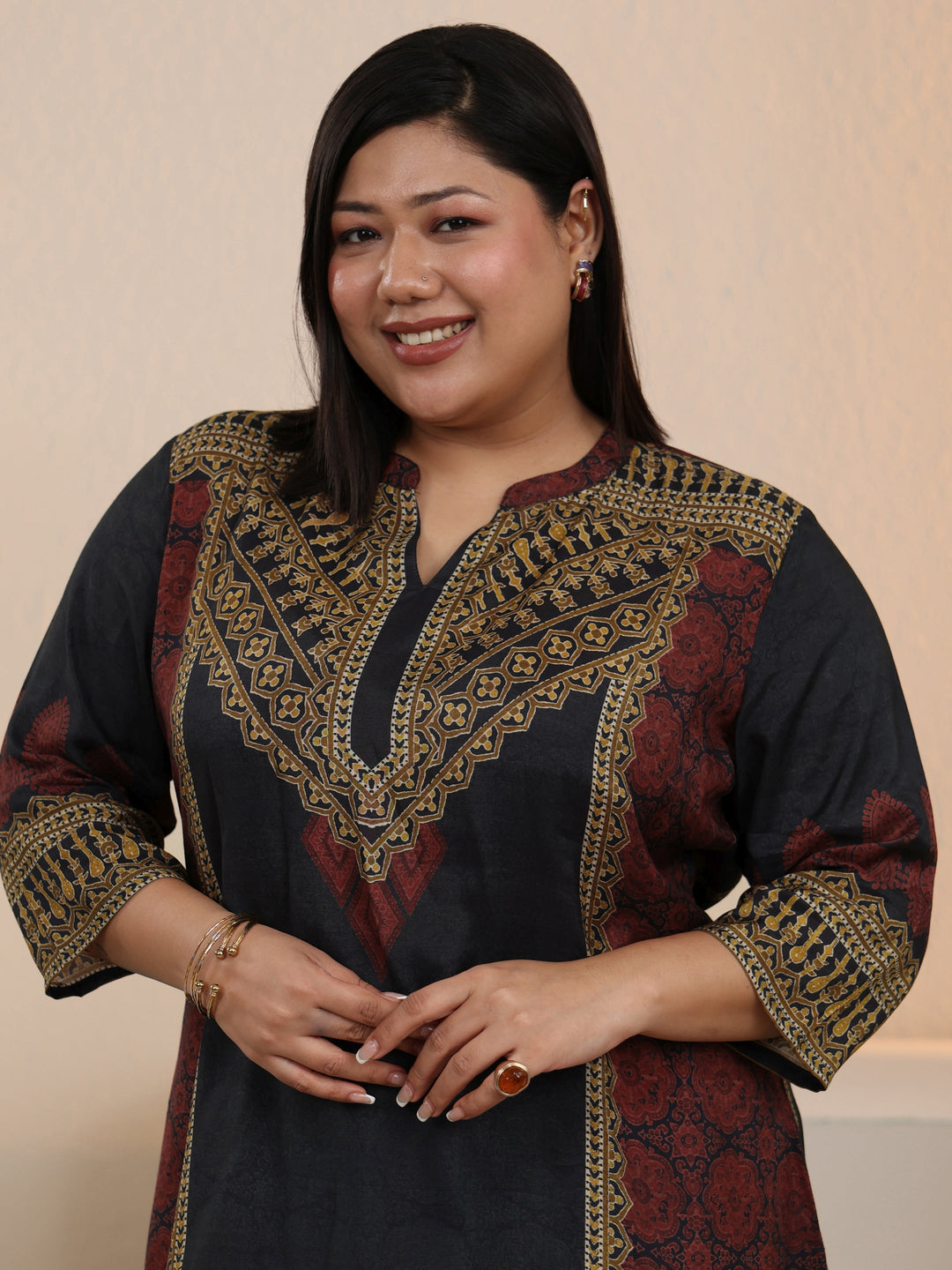  Plus Size Black Ethnic Printed Silk Blend Straight Short Kurti 