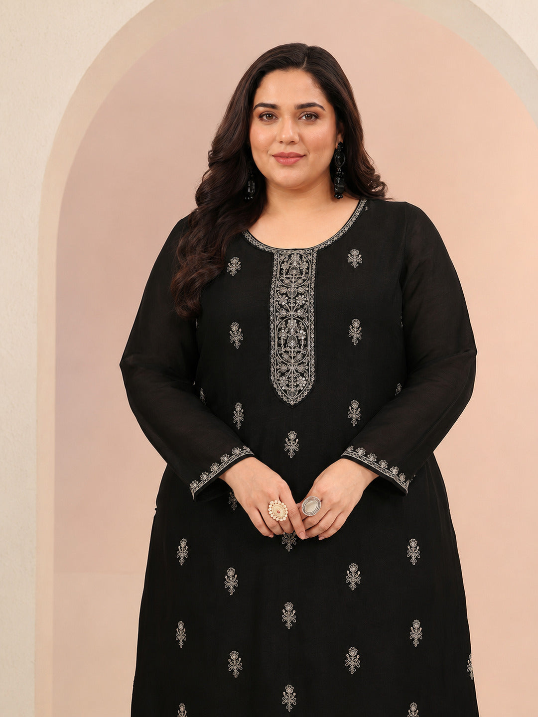  Plus Size Black Ethnic Embroidered Silk Blend Straight Kurta 