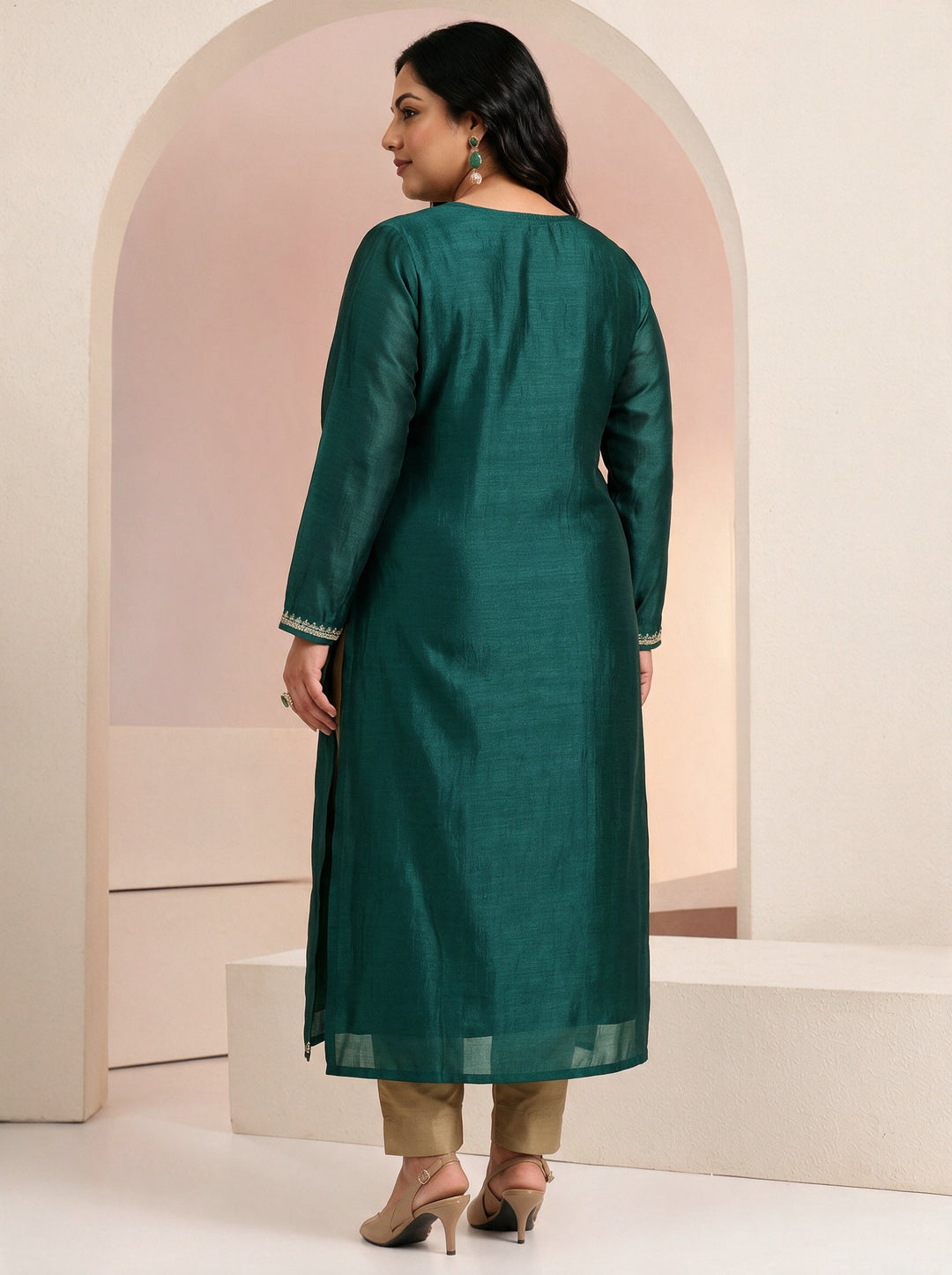  Plus Size Bottle Green Ethnic Embroidered Silk Blend Straight Kurta 