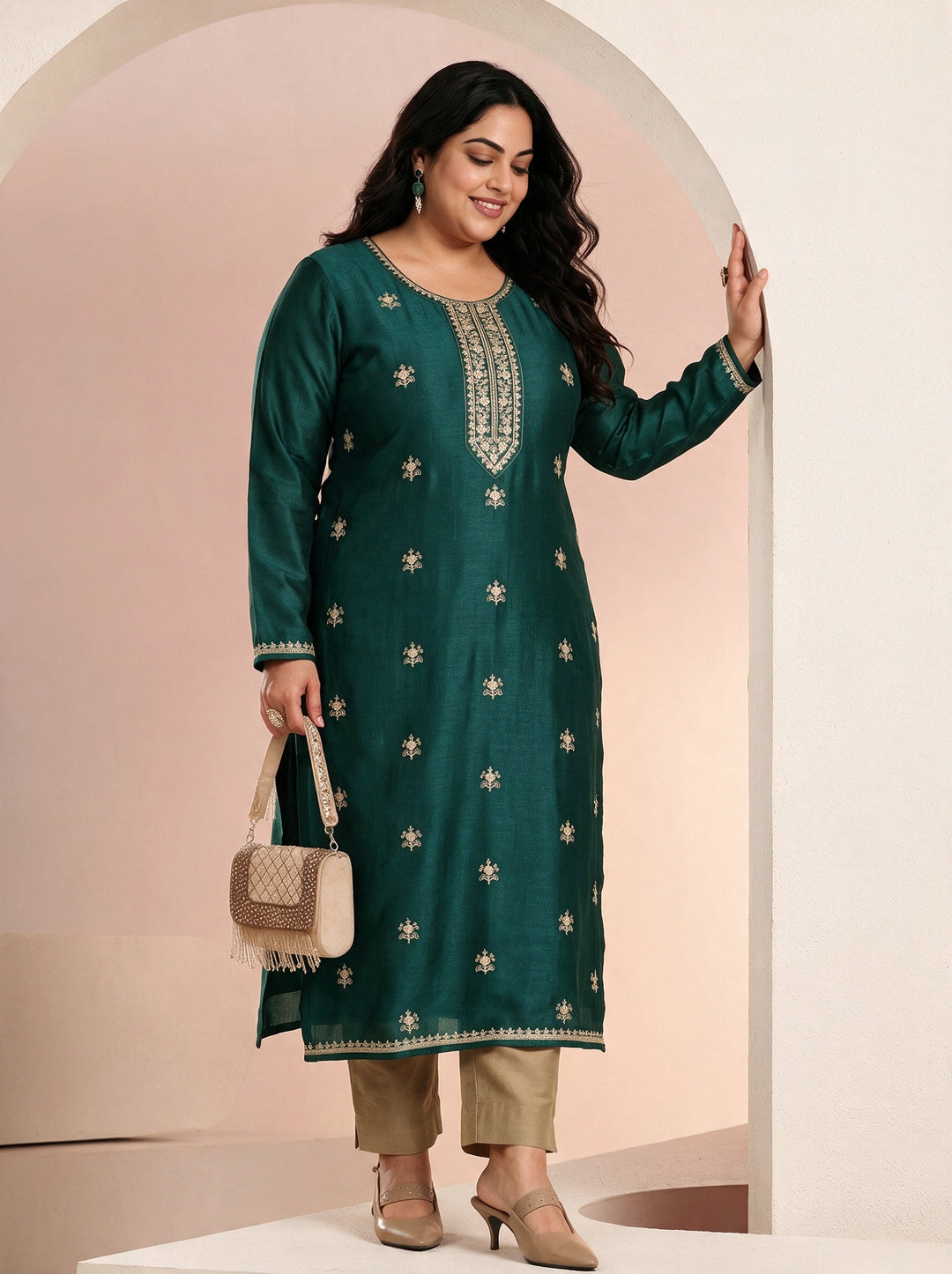  Plus Size Bottle Green Ethnic Embroidered Silk Blend Straight Kurta 