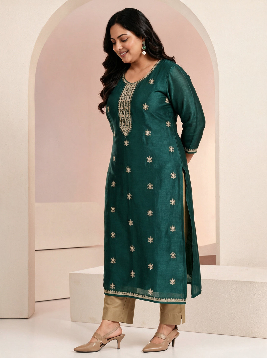  Plus Size Bottle Green Ethnic Embroidered Silk Blend Straight Kurta 