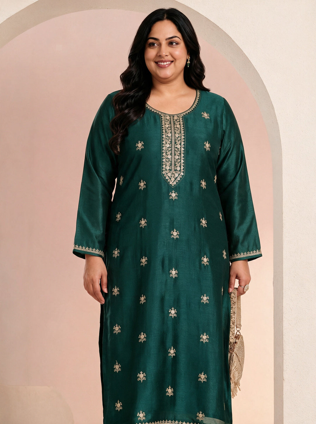  Plus Size Bottle Green Ethnic Embroidered Silk Blend Straight Kurta 
