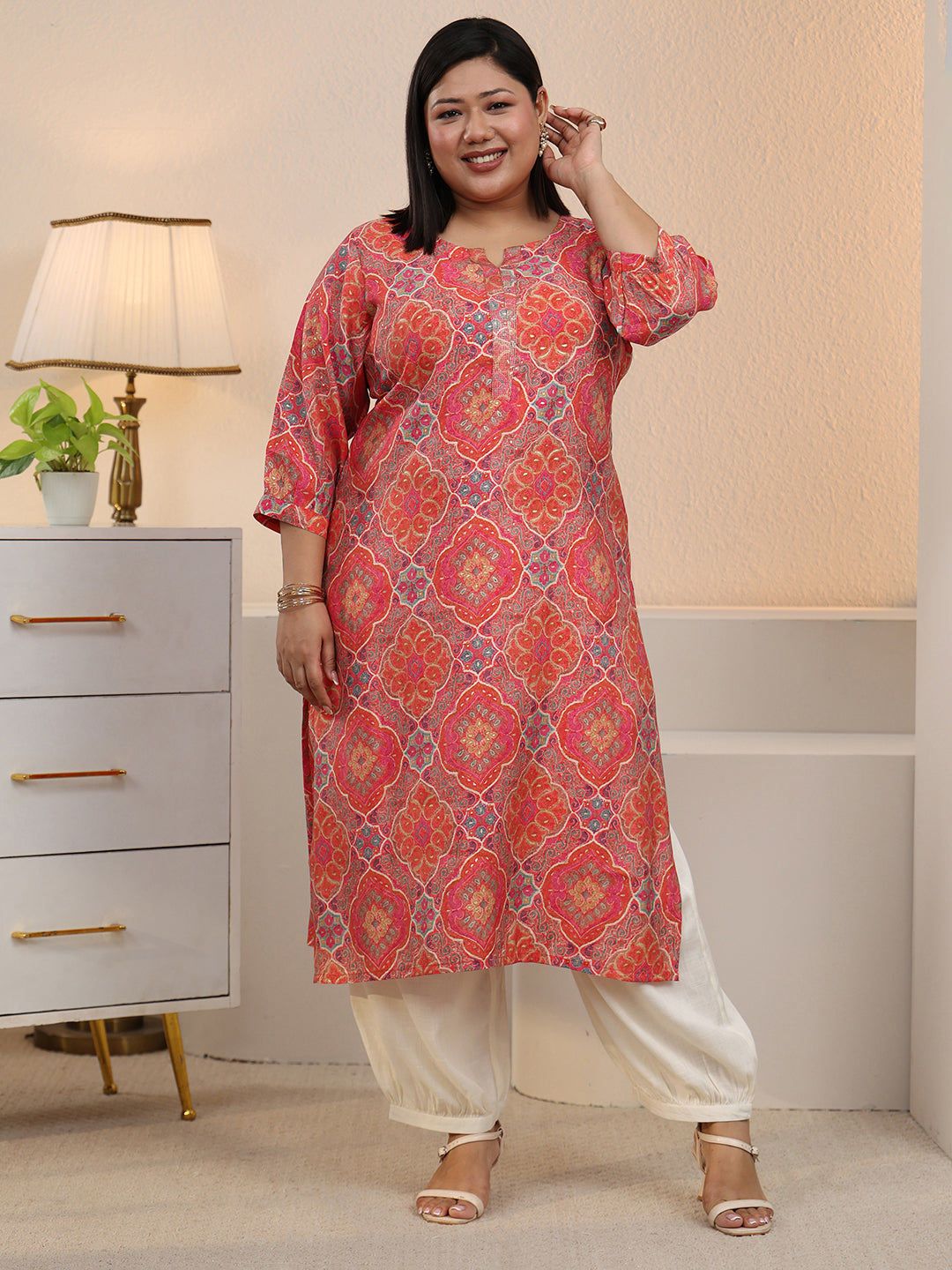  Plus Size Peach Ethnic Printed Silk Blend Straight Kurta 