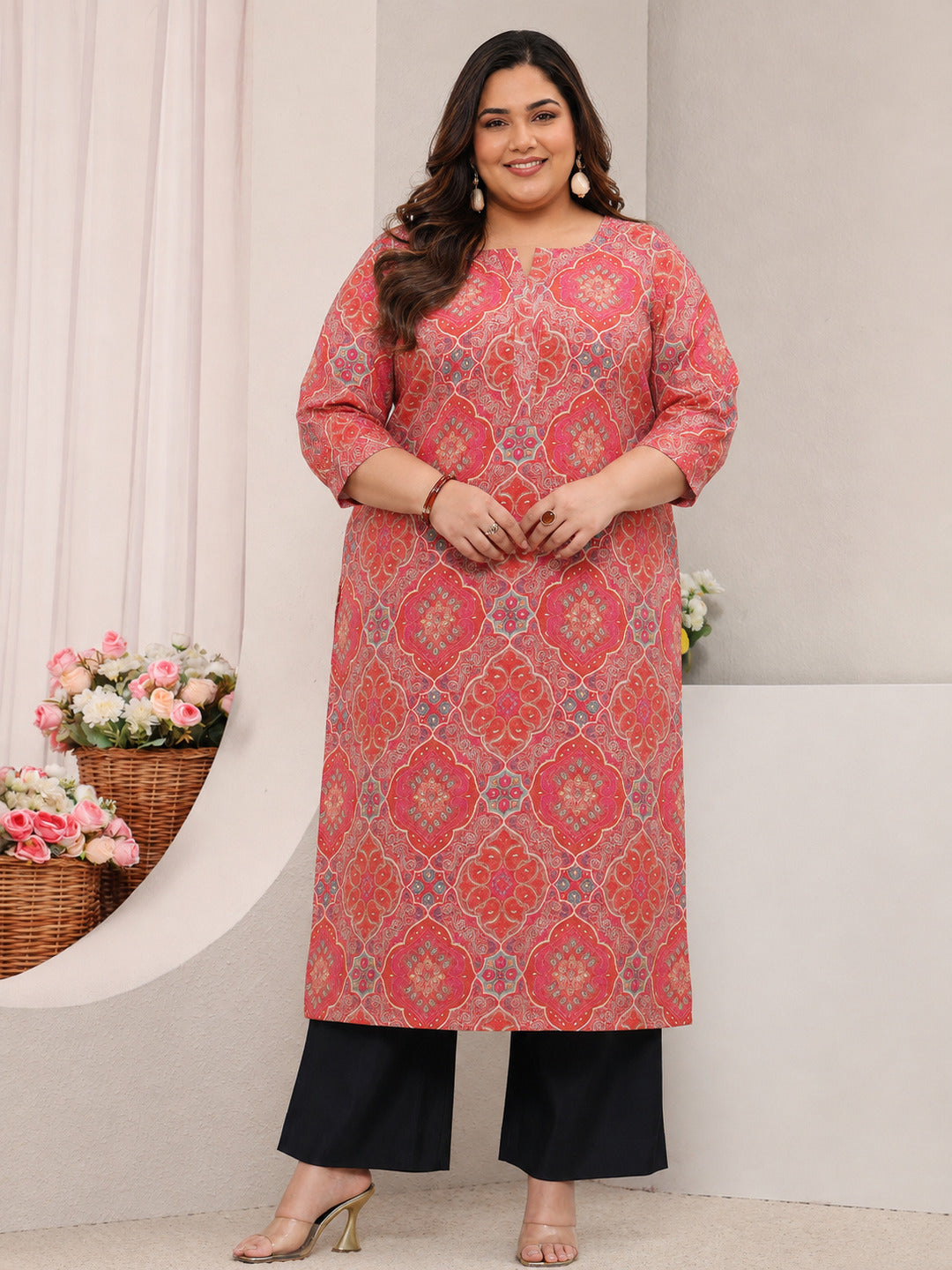  Plus Size Peach Ethnic Printed Silk Blend Straight Kurta 