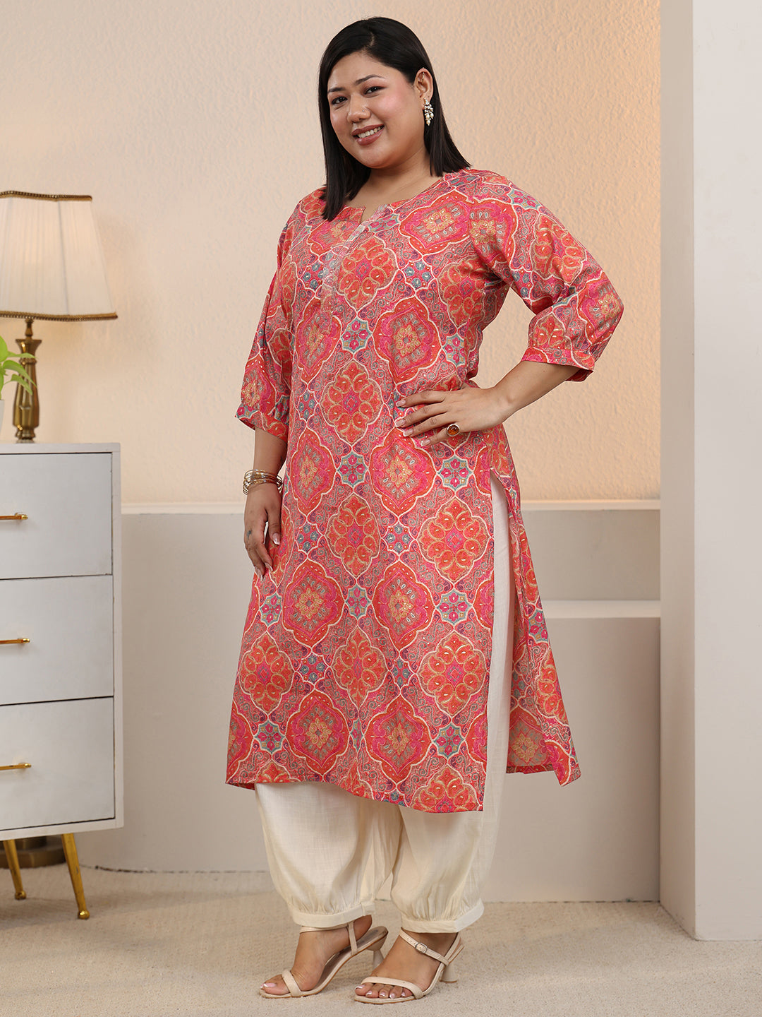  Plus Size Peach Ethnic Printed Silk Blend Straight Kurta 