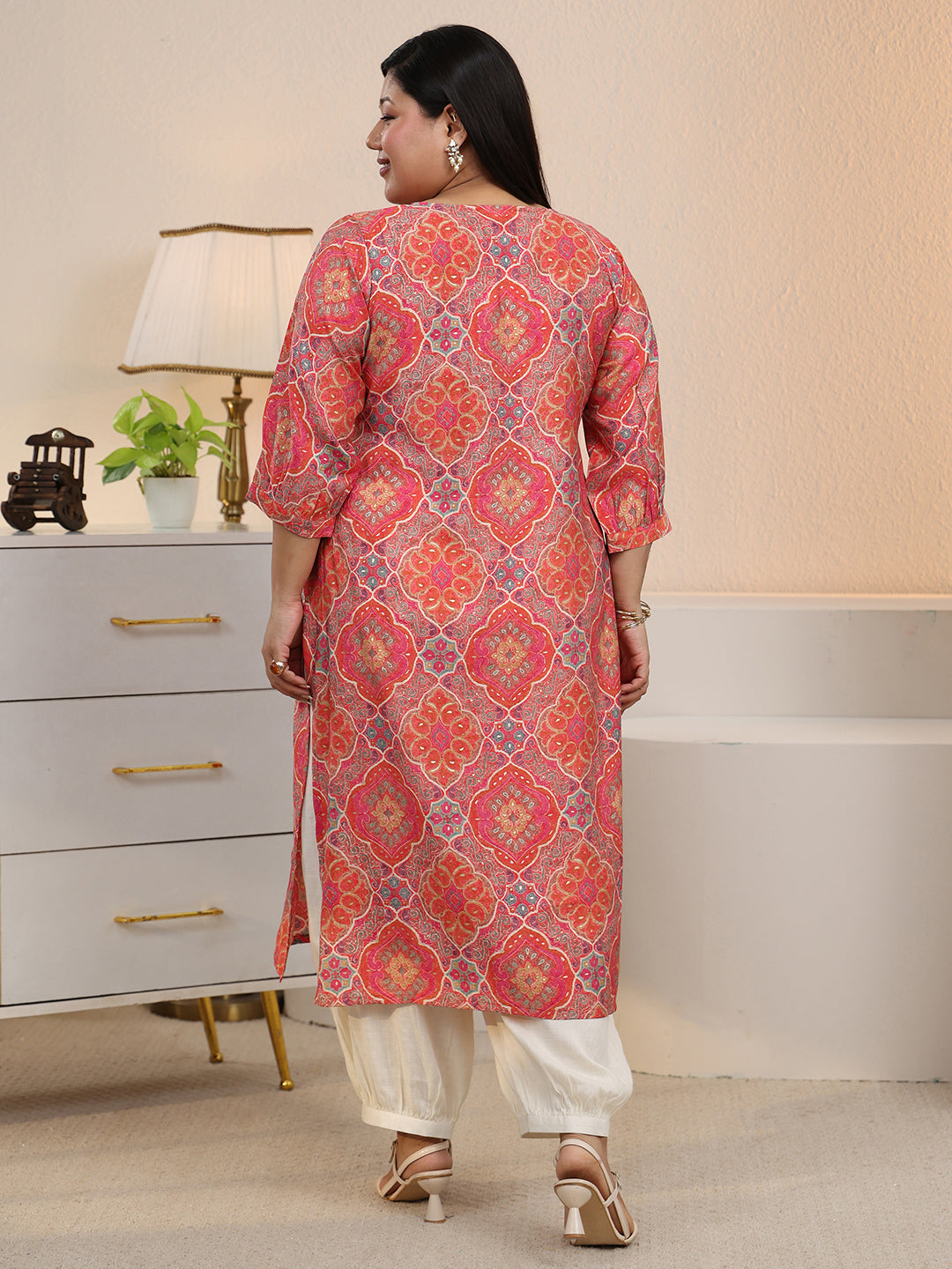  Plus Size Peach Ethnic Printed Silk Blend Straight Kurta 