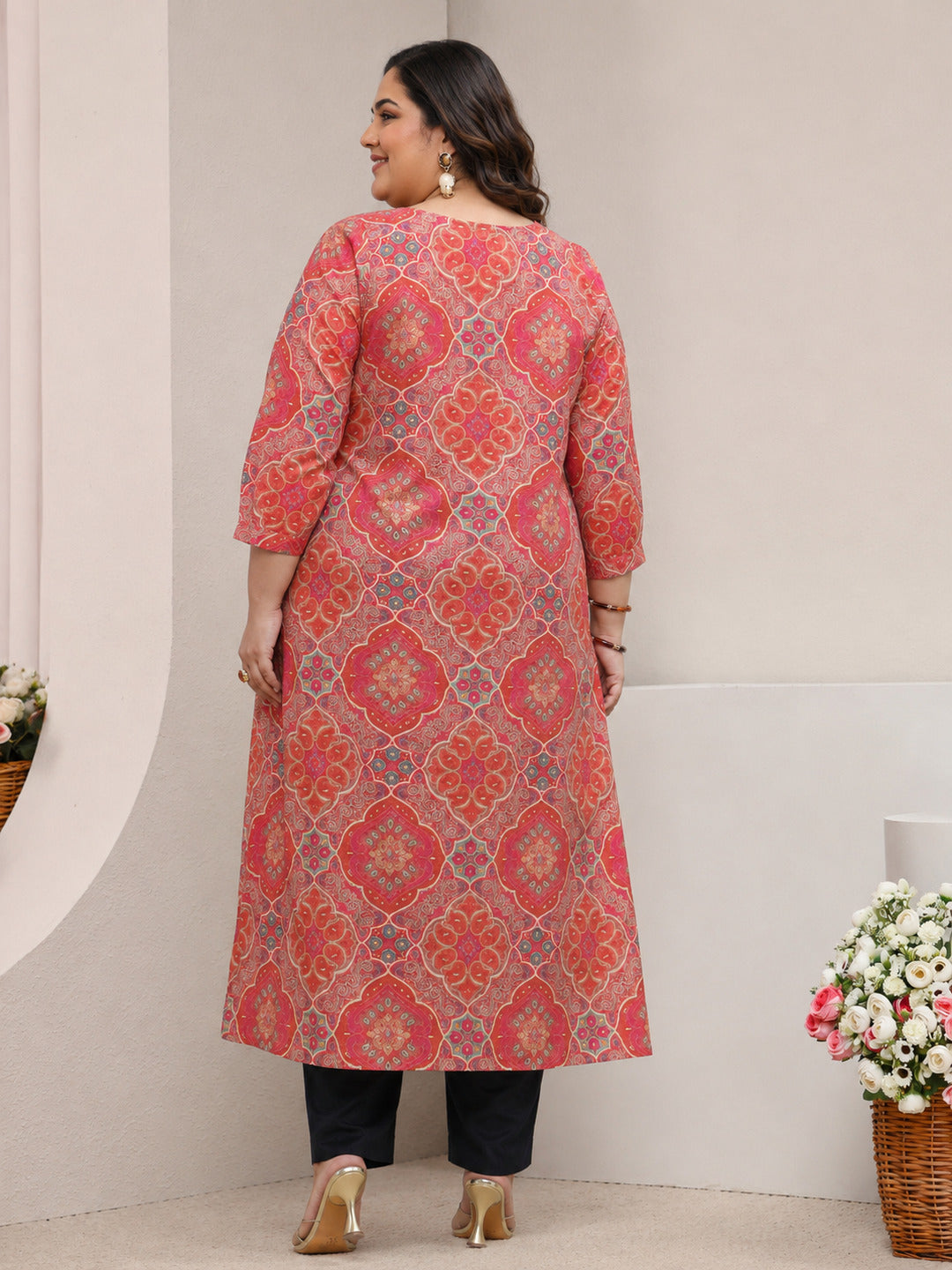 Plus Size Peach Ethnic Printed Silk Blend Straight Kurta 