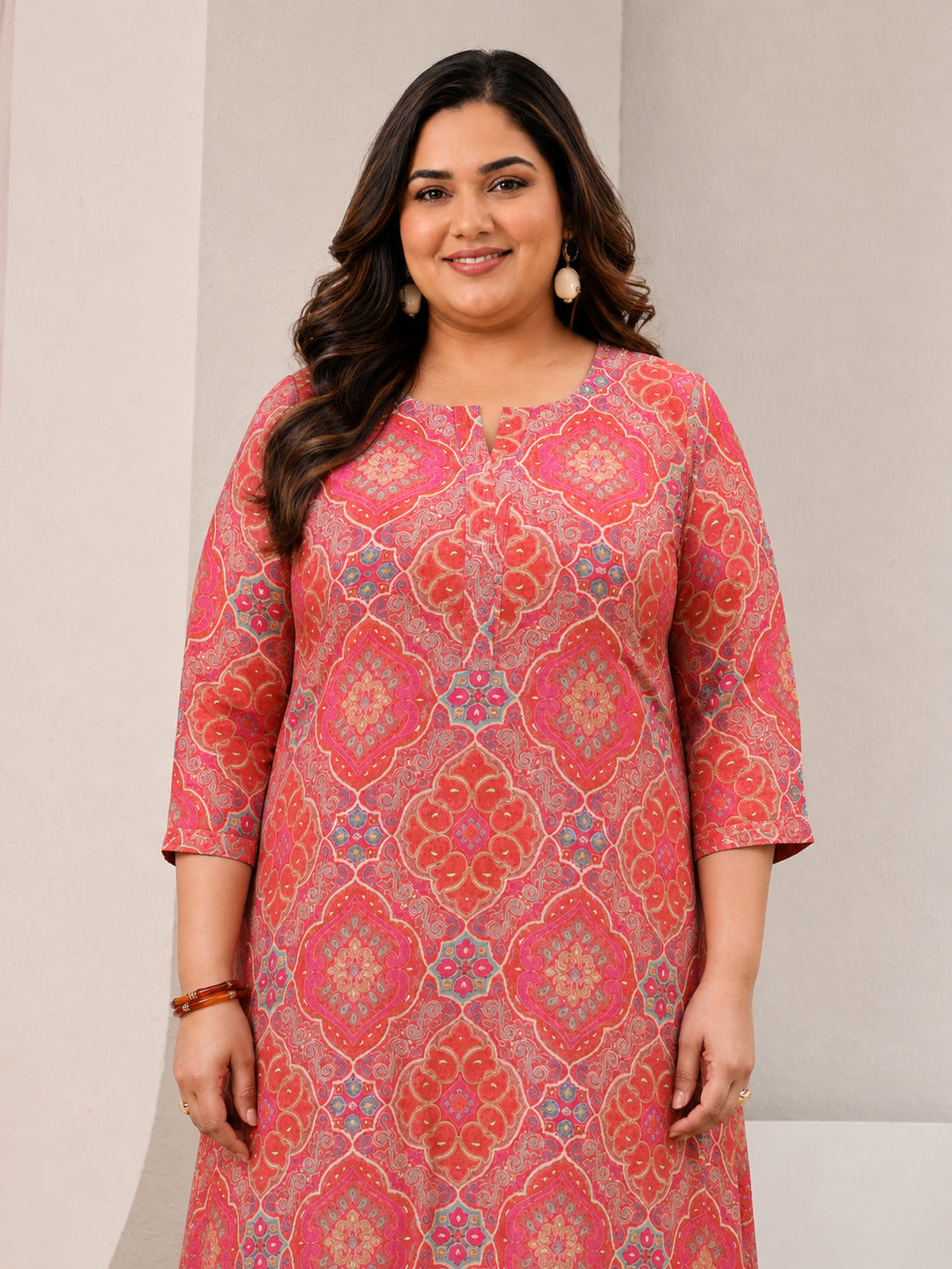  Plus Size Peach Ethnic Printed Silk Blend Straight Kurta 
