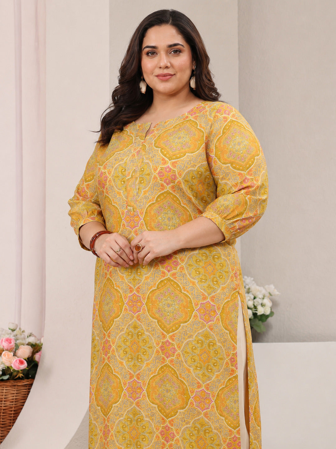 Plus Size Yellow Motif Printed Silk Blend Straight Kurta