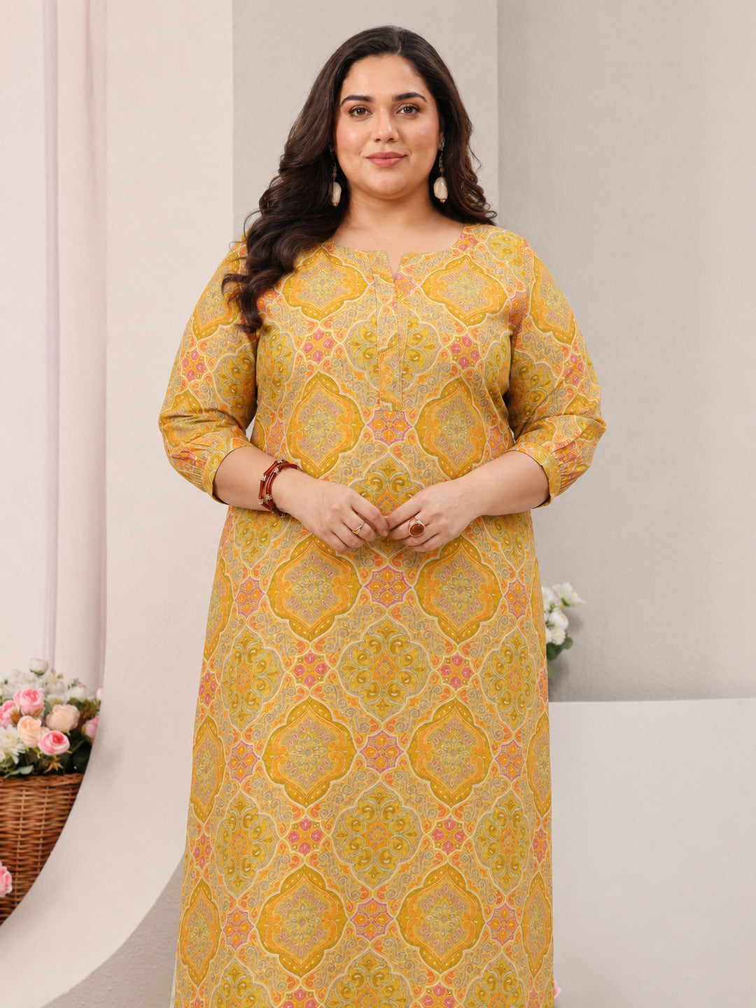  Plus Size Yellow Motif Printed Silk Blend Straight Kurta 