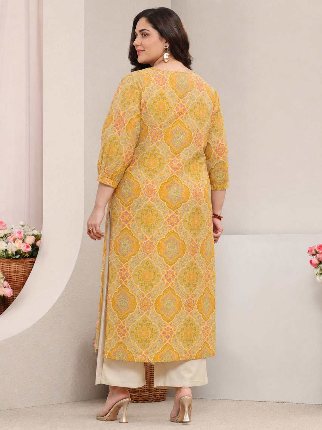  Plus Size Yellow Motif Printed Silk Blend Straight Kurta 
