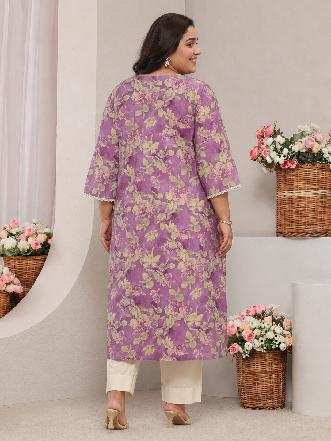  Plus Size Lavender Floral Printed Silk Blend Straight Kurta 