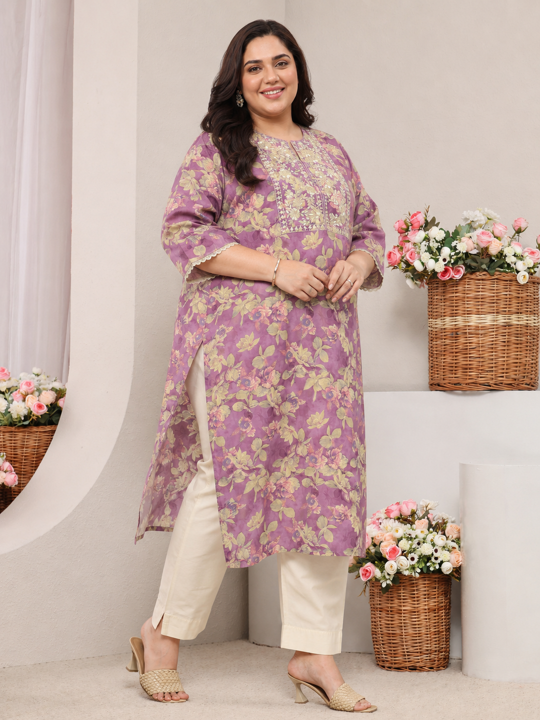  Plus Size Lavender Floral Printed Silk Blend Straight Kurta 