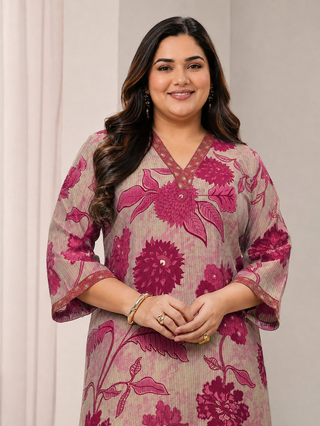  Plus Size Maroon Floral Printed Silk Blend Straight Kurta 