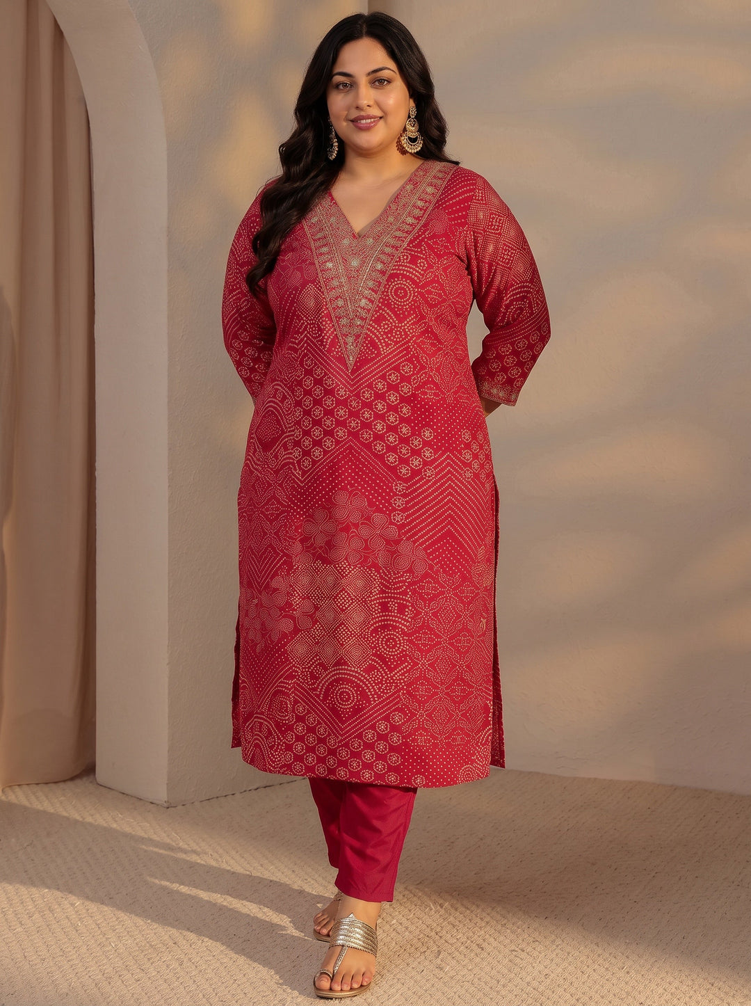  Plus Size Red Bandhani Printed Silk Blend Straight Kurta 