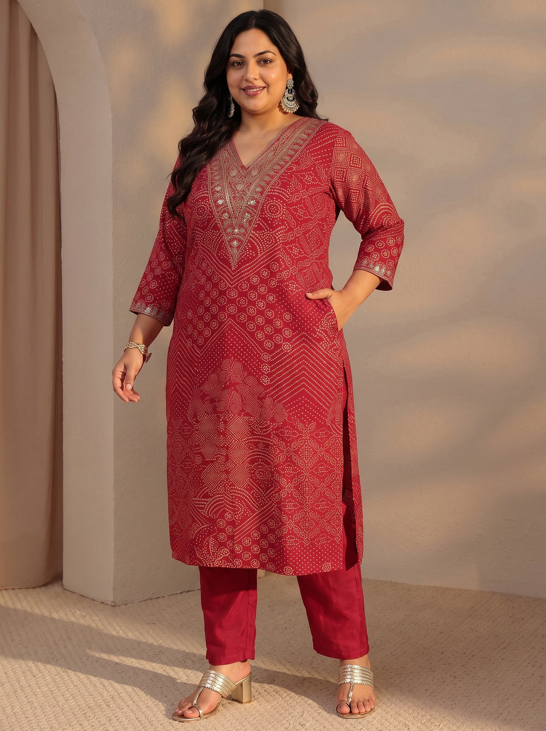  Plus Size Red Bandhani Printed Silk Blend Straight Kurta 