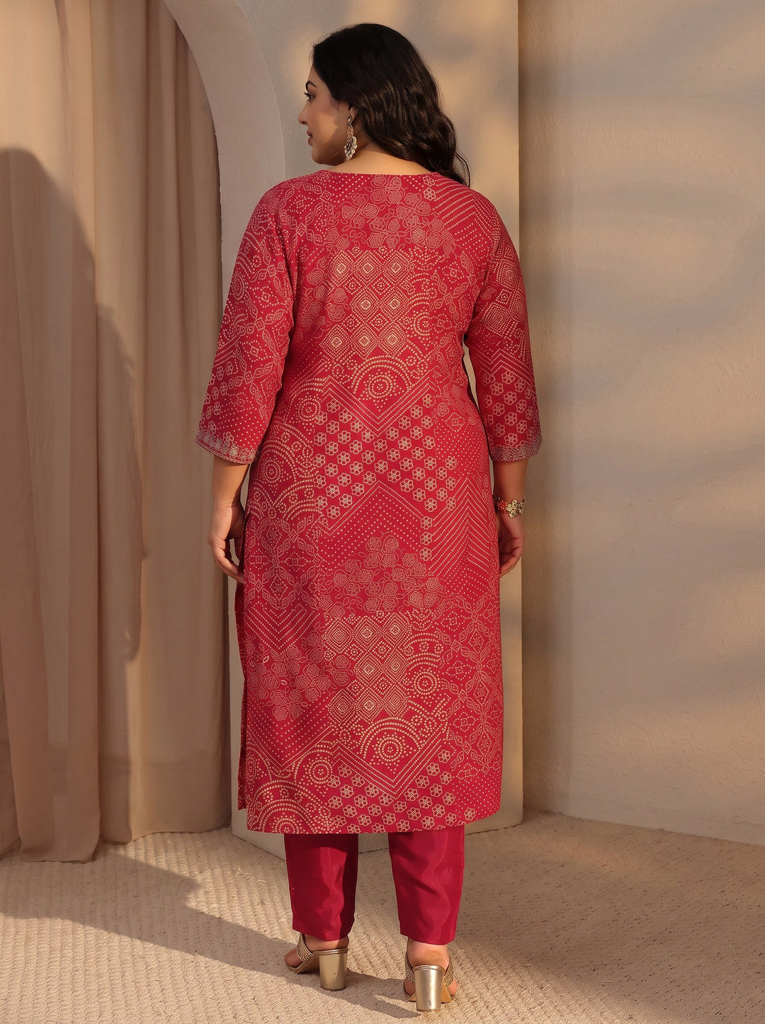  Plus Size Red Bandhani Printed Silk Blend Straight Kurta 