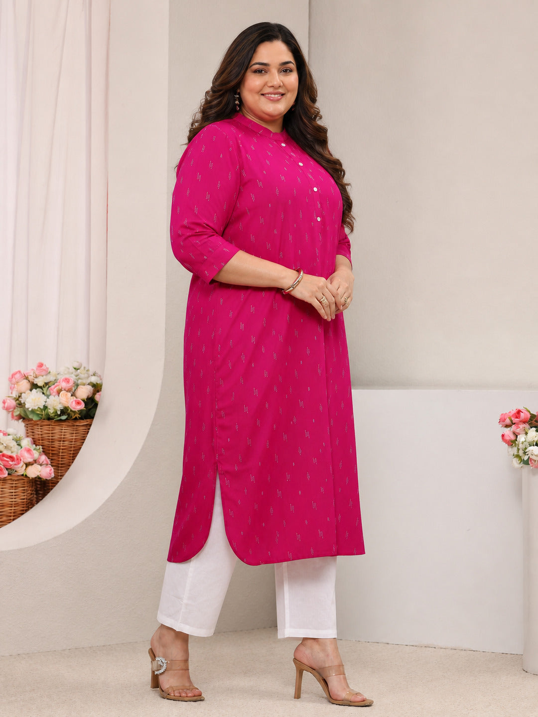  Plus Size Pink Mandarin Collar Embroidered Rayon Straight Kurta 