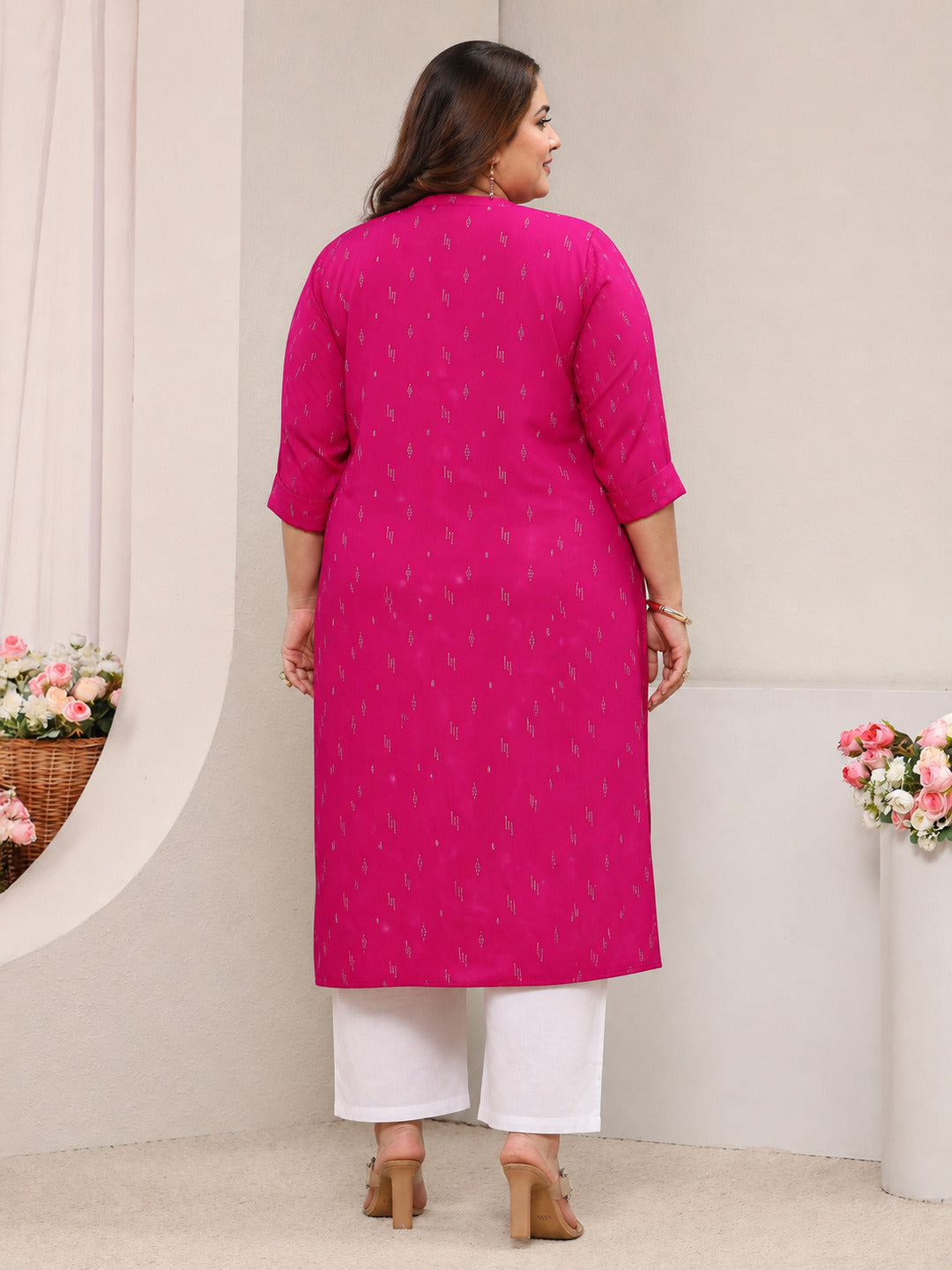  Plus Size Pink Mandarin Collar Embroidered Rayon Straight Kurta 