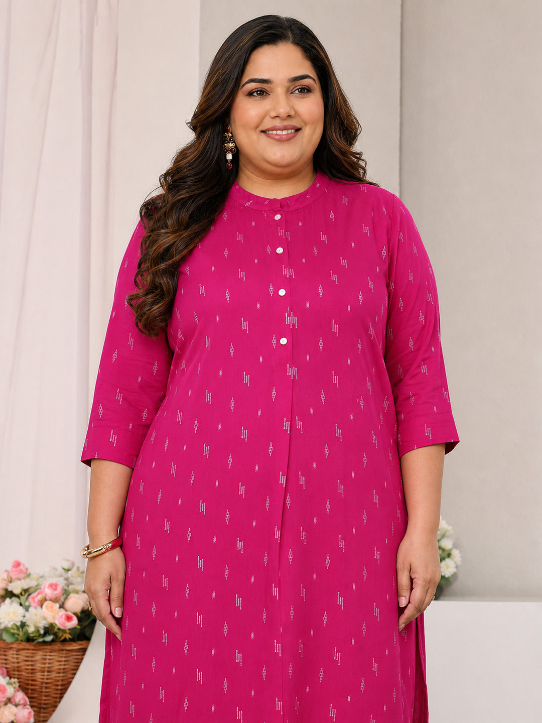  Plus Size Pink Mandarin Collar Embroidered Rayon Straight Kurta 