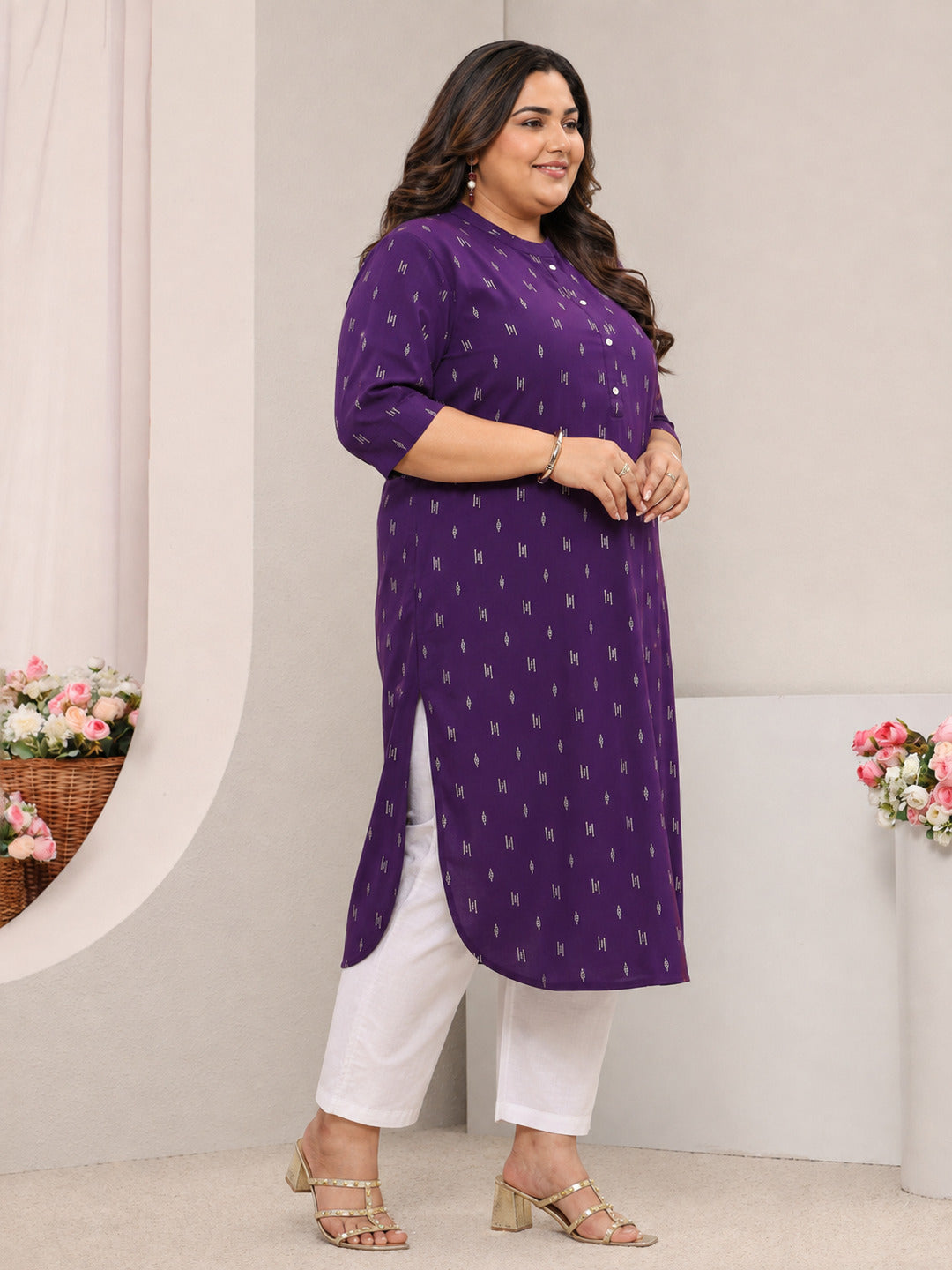  Plus Size Purple Mandarin Collar Embroidered Rayon Straight Kurta 