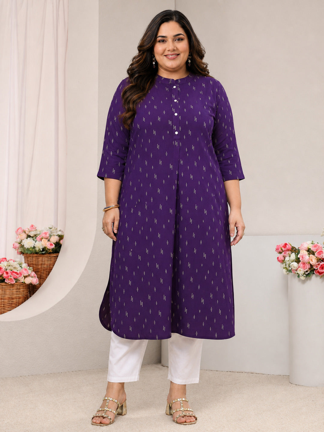  Plus Size Purple Mandarin Collar Embroidered Rayon Straight Kurta 
