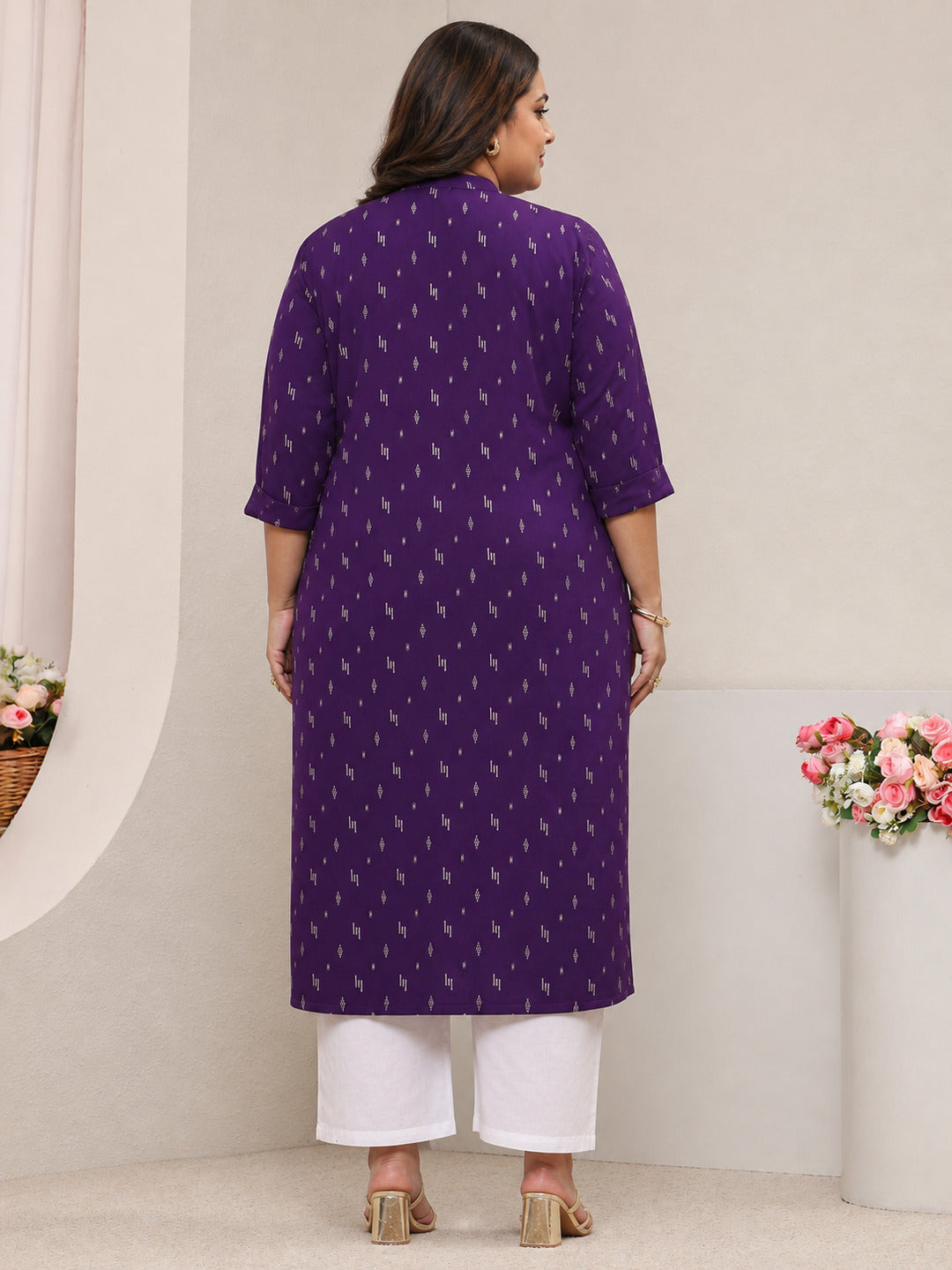  Plus Size Purple Mandarin Collar Embroidered Rayon Straight Kurta 