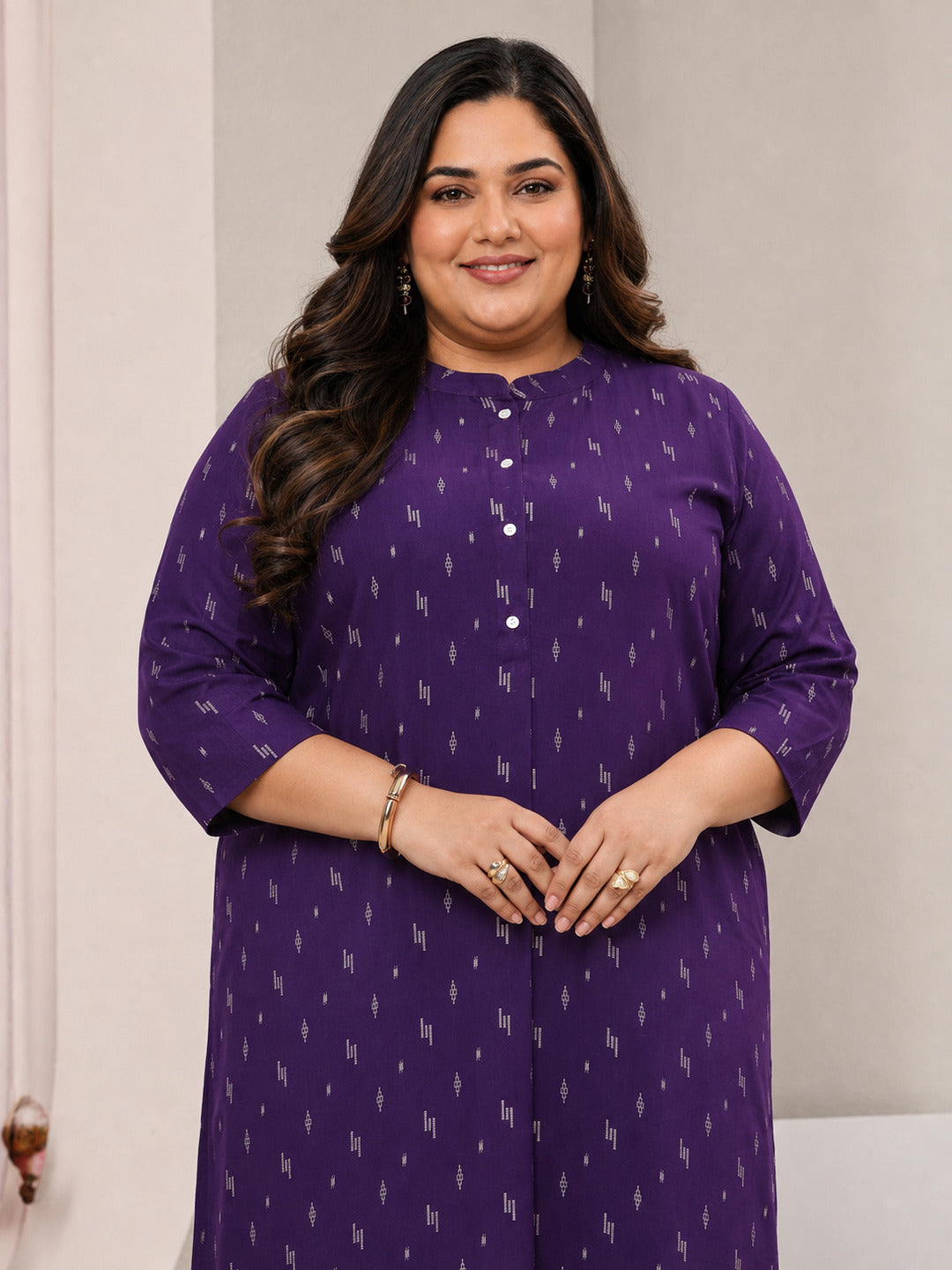  Plus Size Purple Mandarin Collar Embroidered Rayon Straight Kurta 