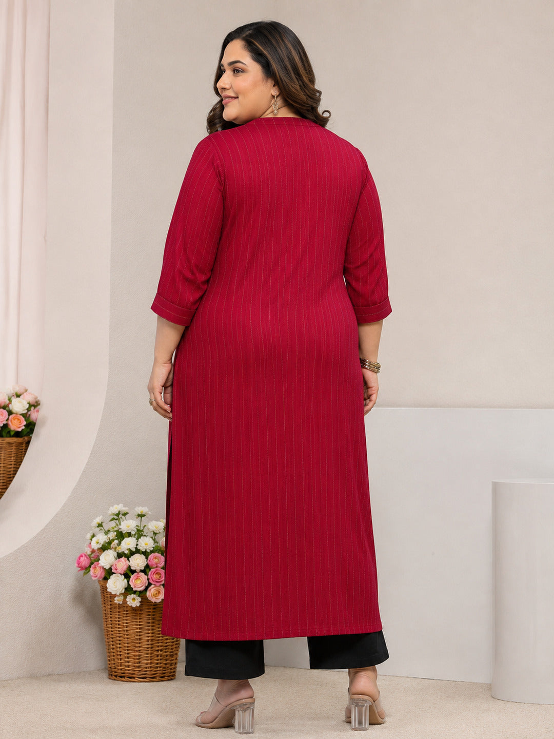  Plus Size Red Striped Woven Design Rayon Straight Kurta 