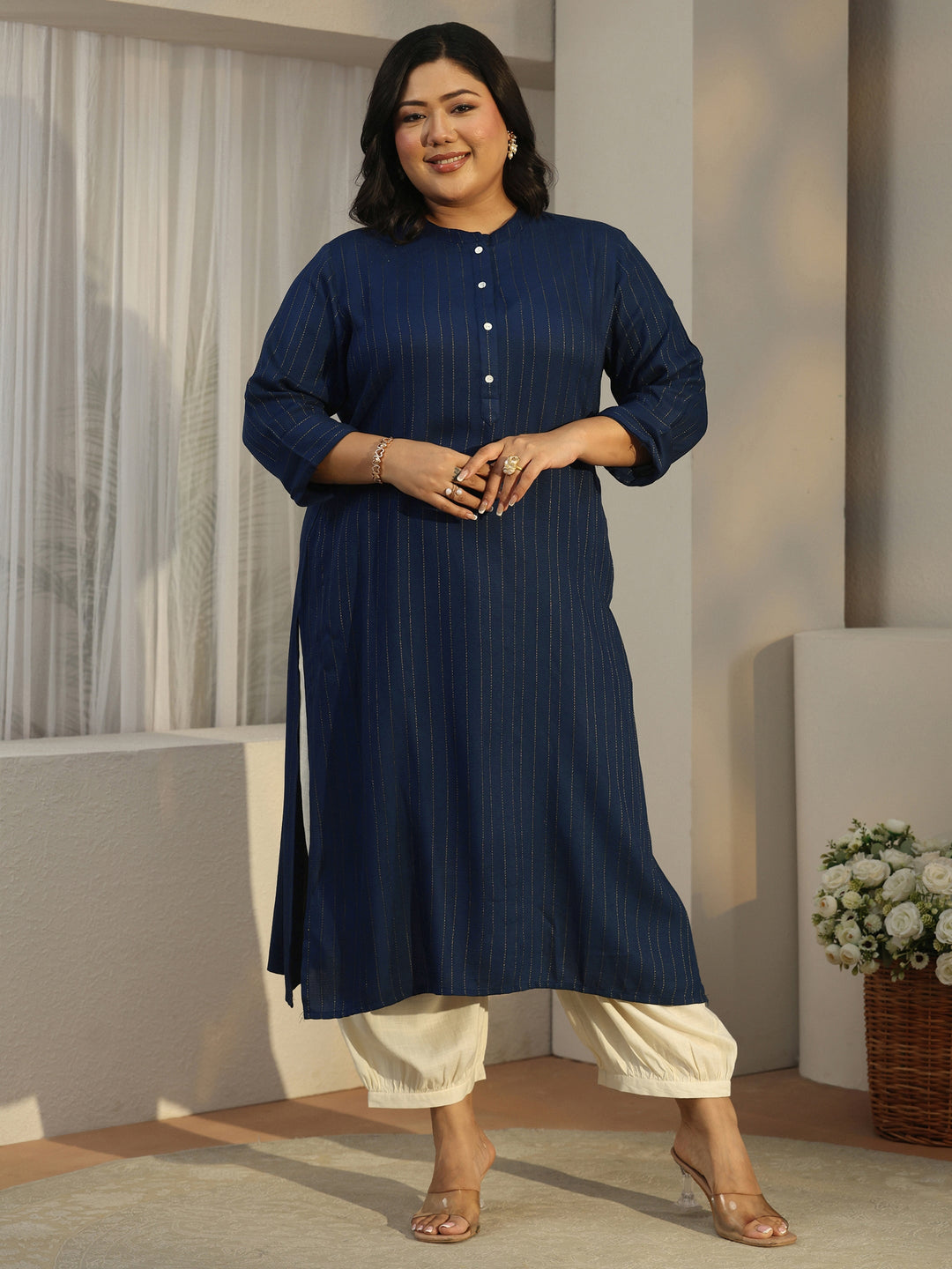  Plus Size Blue Striped Woven Design Rayon Straight Kurta 